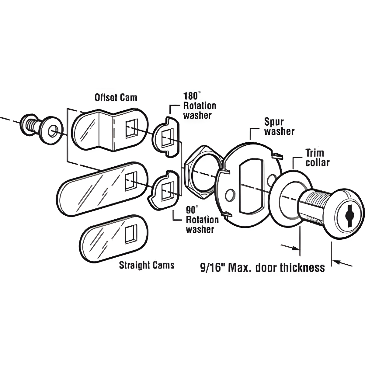 Prime-Line Diecast Keyed Alike Drawer and Cabinet Lock  3 Cams, Trim Collar, 2 Washers, 2 Keys and Fasteners  7/8 In. Length for 9/16 In. Max Panel Thickness, Stainless Steel (1 Set)