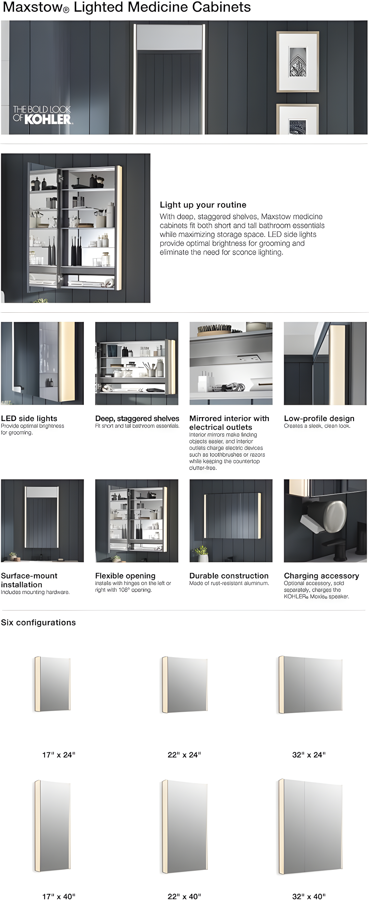 Kohler K-81145-SLE-DA1 Maxstow Surface Mount Frameless Medicine Cabinet with LED Lighting