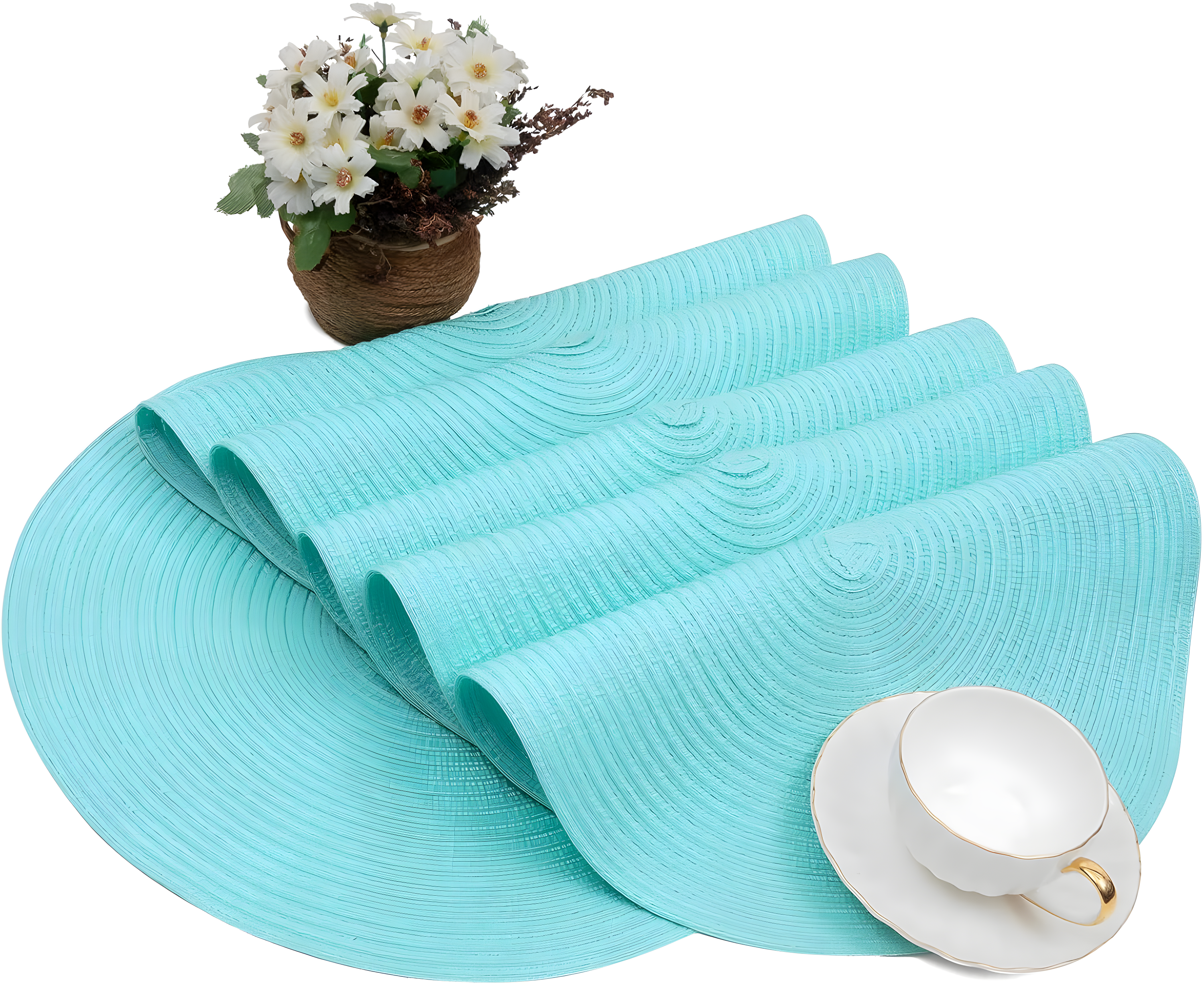 Aqua Woven Round Placemats Set of 6, 14.75"