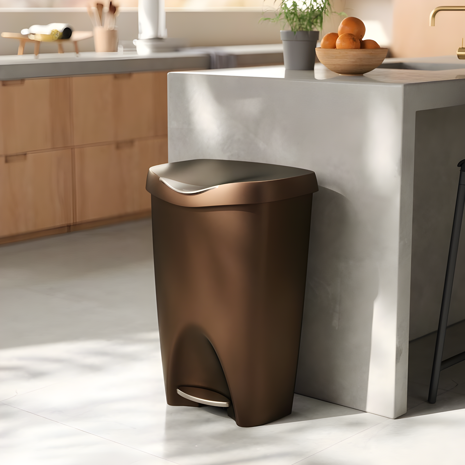 Umbra 13gal Brim Step Trash Can Bronze: Polypropylene, Indoor, Kitchen, 50 Quart, Brown, 25.5" Depth, 16.4" Width