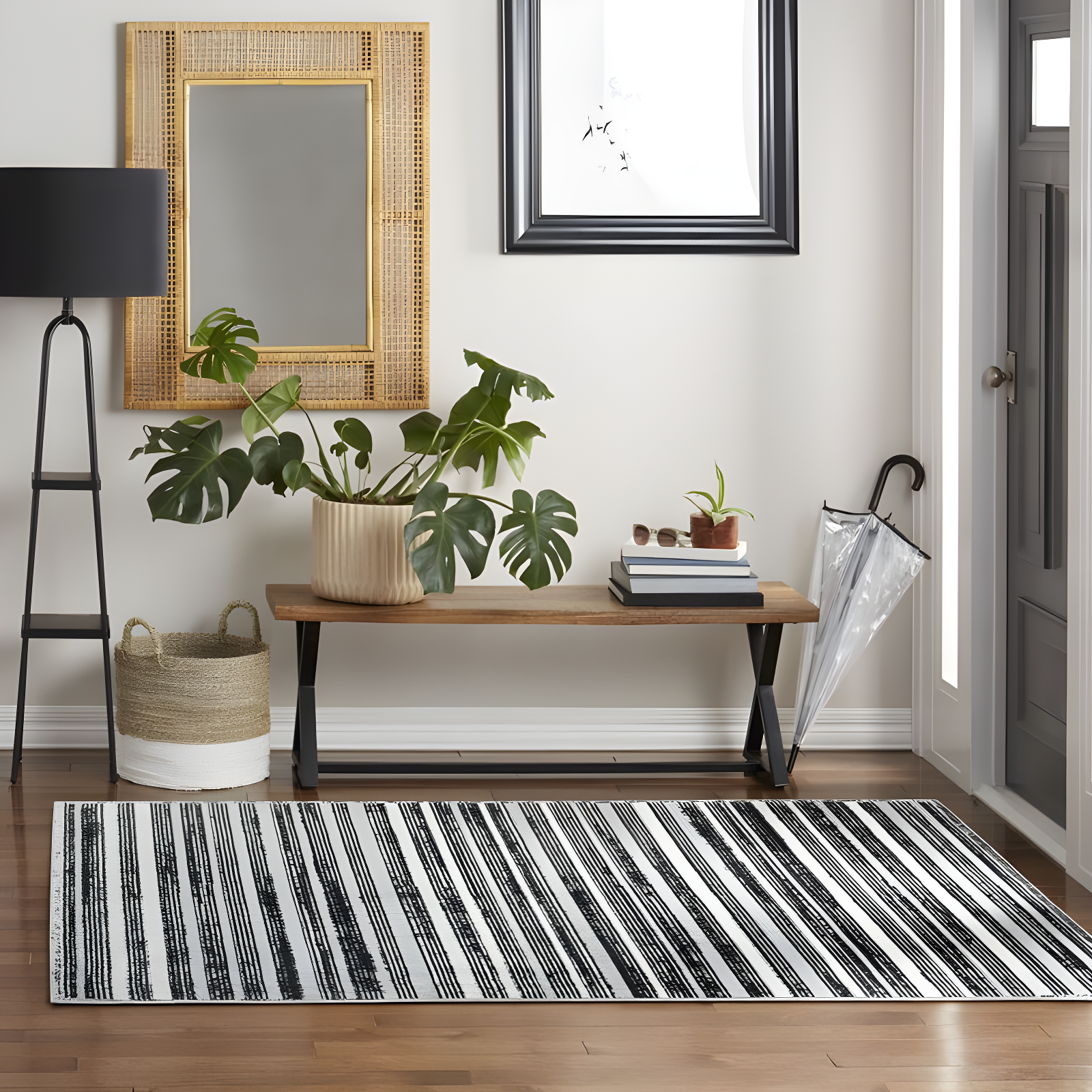 Everwash Treasure Striped Modern Machine Washable Area Rug, Light Grey/Charcoal Grey, 6'6"x9'2"