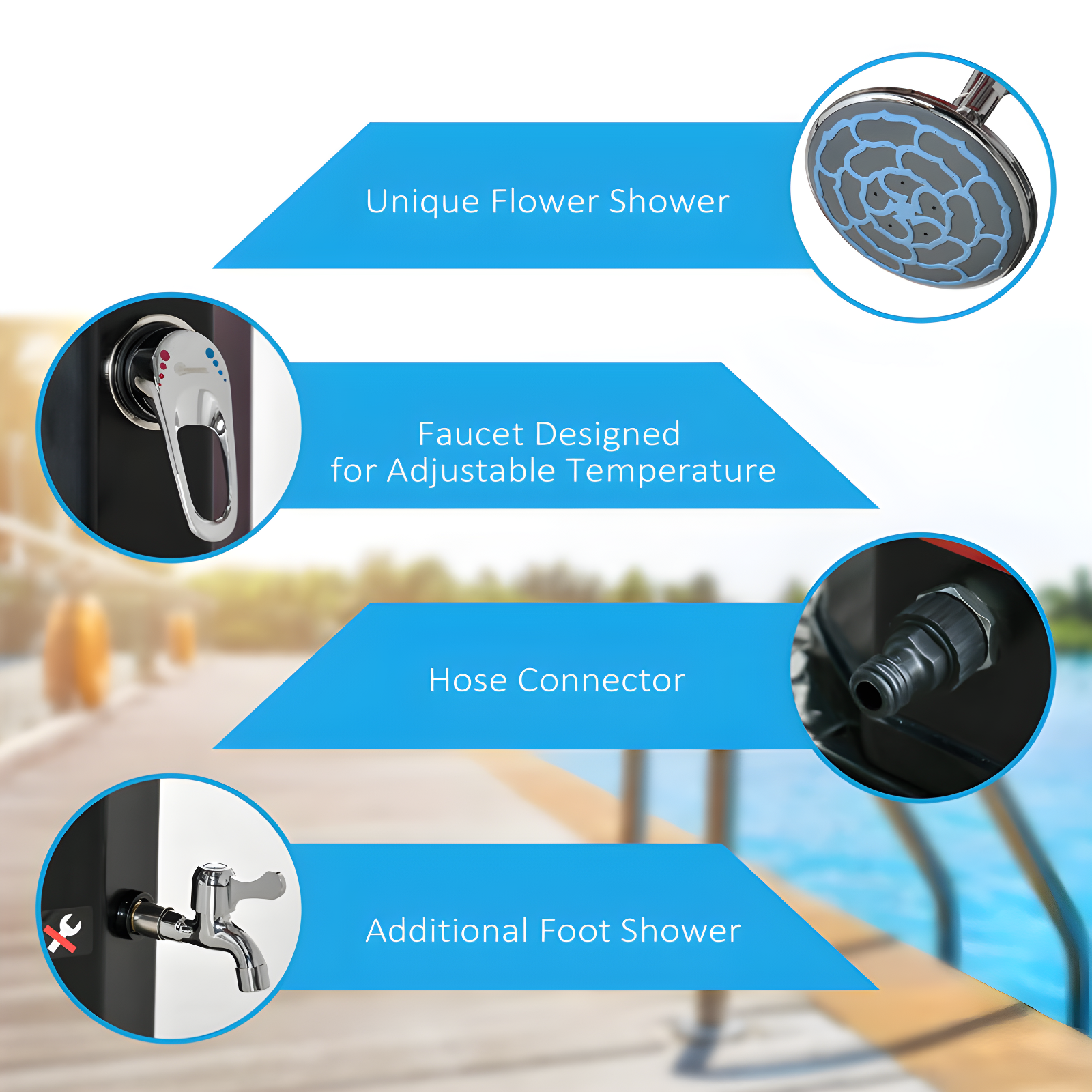 9.2 Gallon Solar Heated Shower With Free-Rotating Shower Head And Foot Shower Faucet, Hot And Cold Adjustment For Outdoor Backyard Poolside Beach Pool Spa