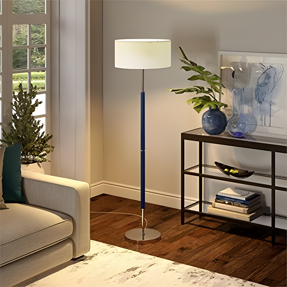 Evelyn&Zoe Simone 2-Light Floor Lamp with Fabric Shade, Blue/Polished Nickel/White