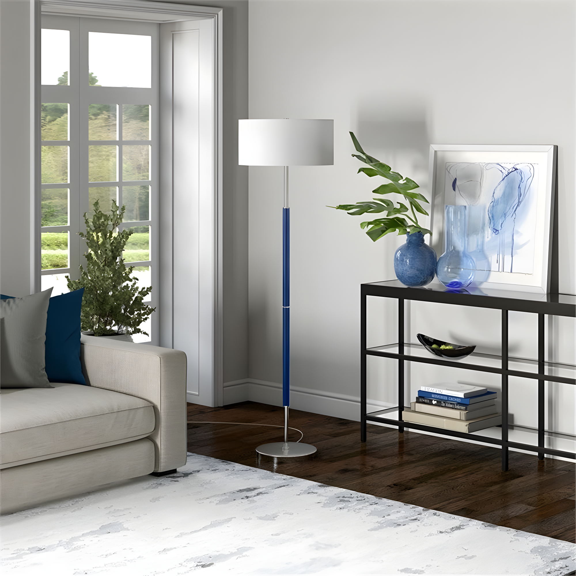Evelyn&Zoe Simone 2-Light Floor Lamp with Fabric Shade, Blue/Polished Nickel/White