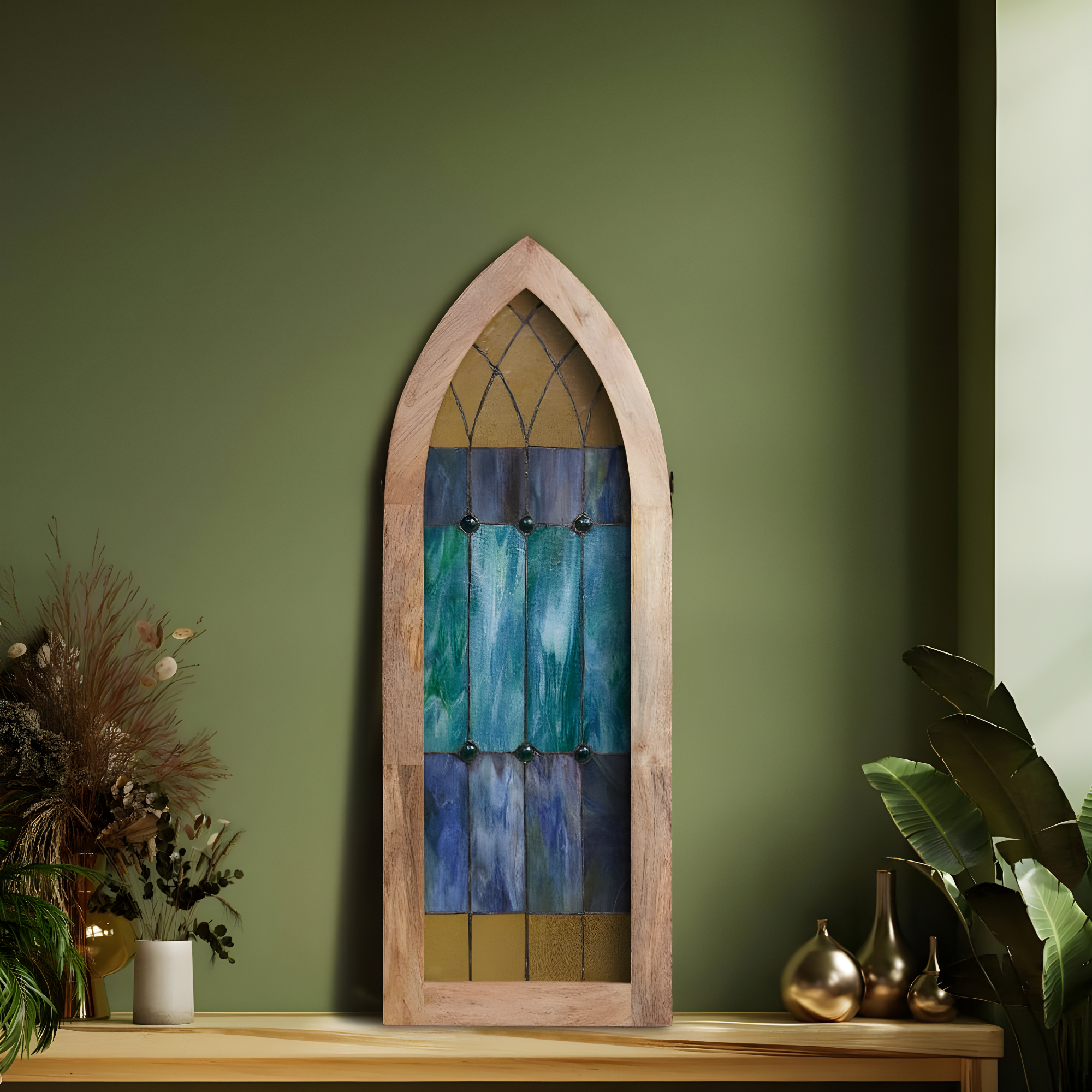 36"H Aqua Victorian Cathedral-Inspired Stained Glass Window Panel