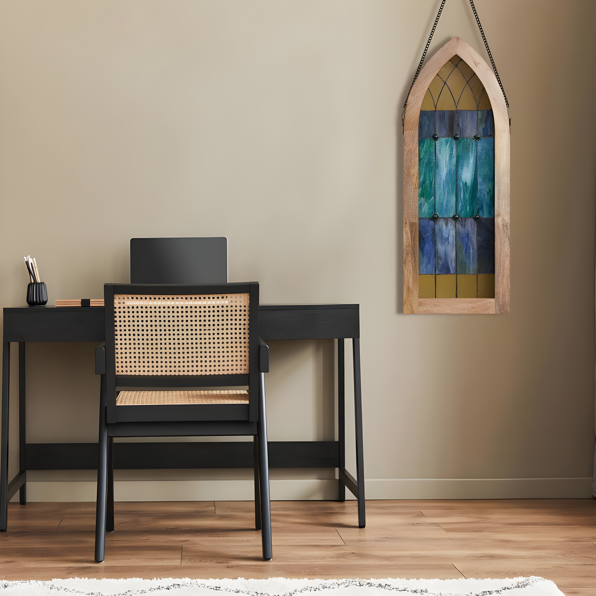 36"H Aqua Victorian Cathedral-Inspired Stained Glass Window Panel