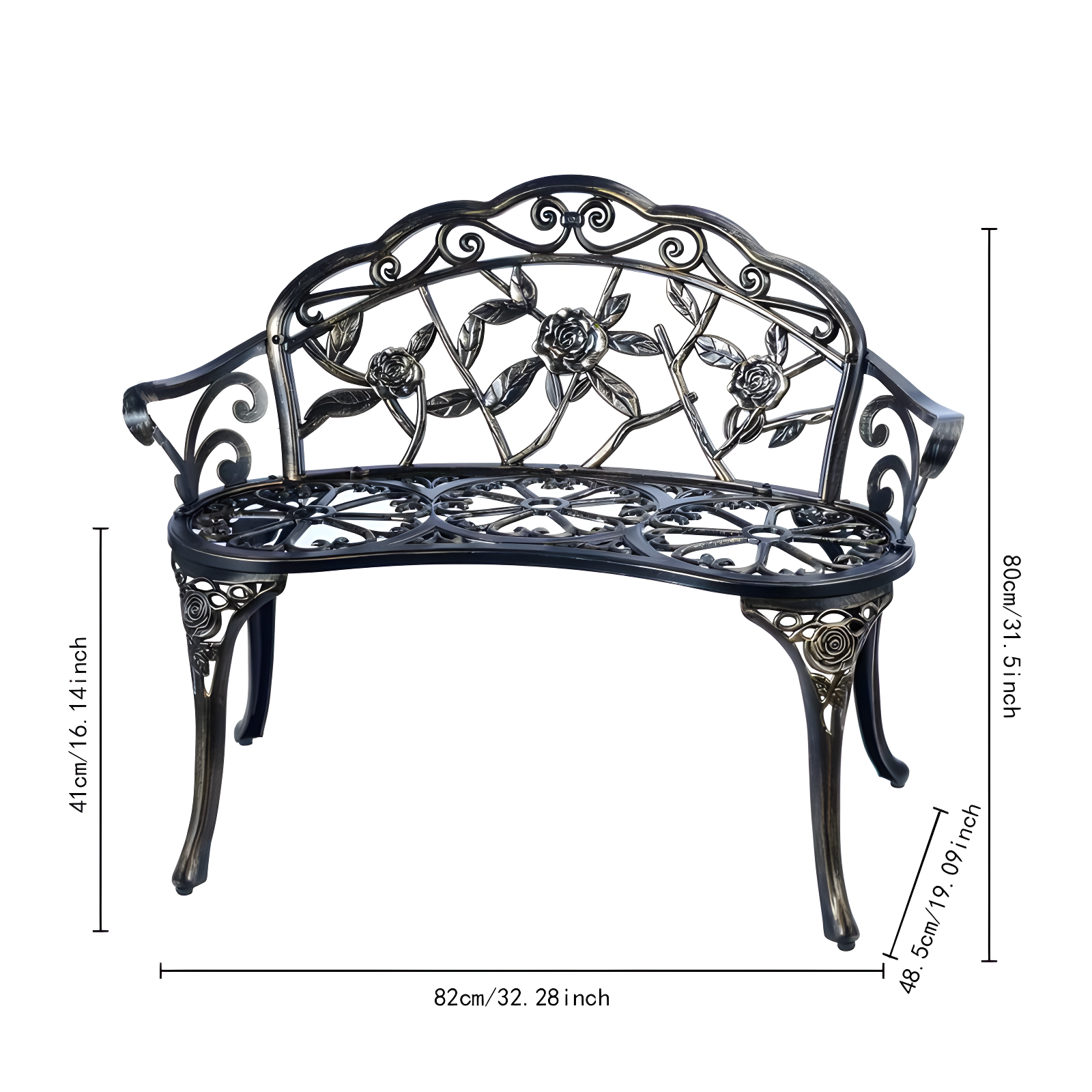 Patio Garden Bench Metal Park Bench Cast Aluminum Outdoor Furniture With Floral Rose,Copper