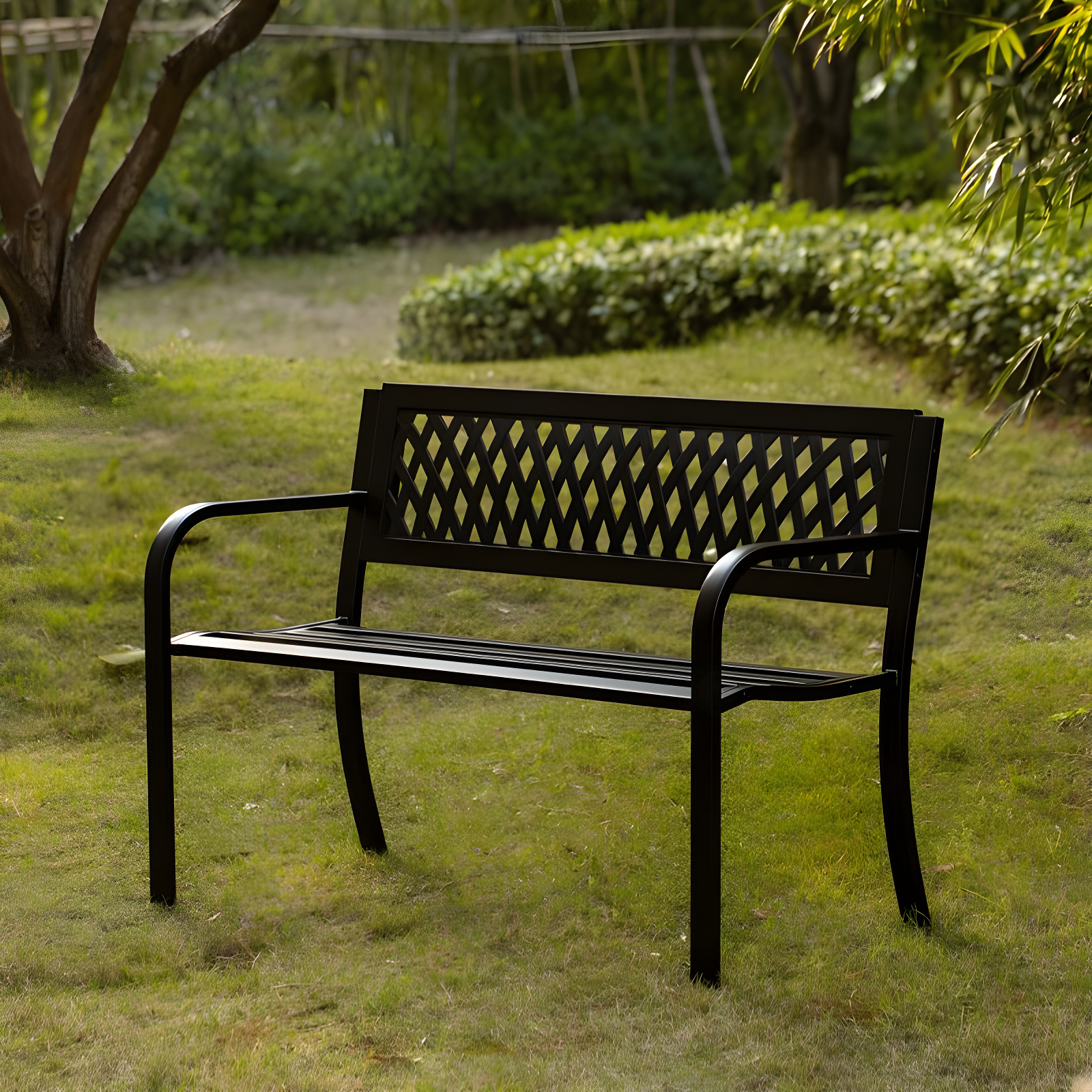 Gardenised Outdoor Steel 47 Park Bench for Yard, Patio, Garden and Deck, Black Weather Resistant Porch Bench, Park Seating
