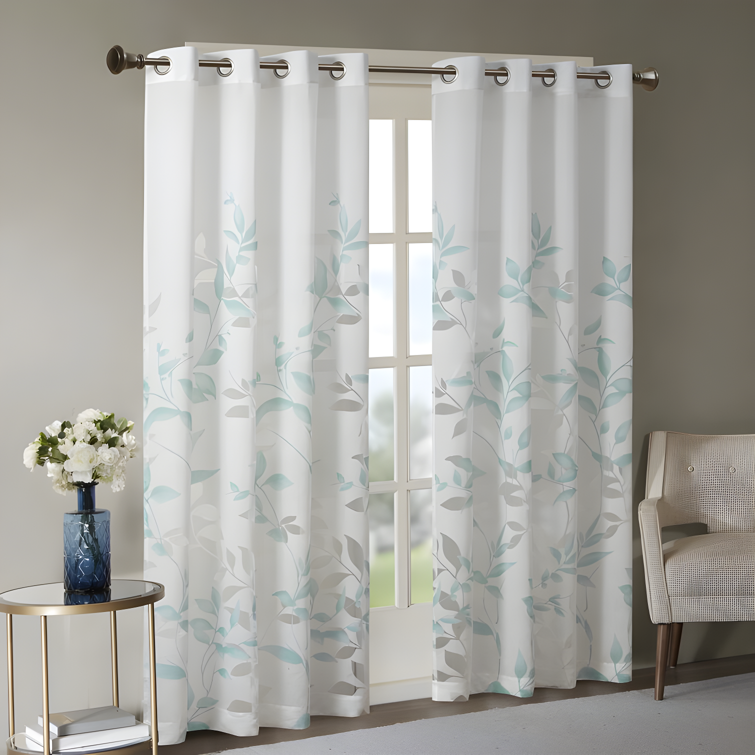 Madison Park Cecily Floral Printed Burnout Sheer Grommet Single Curtain Panel