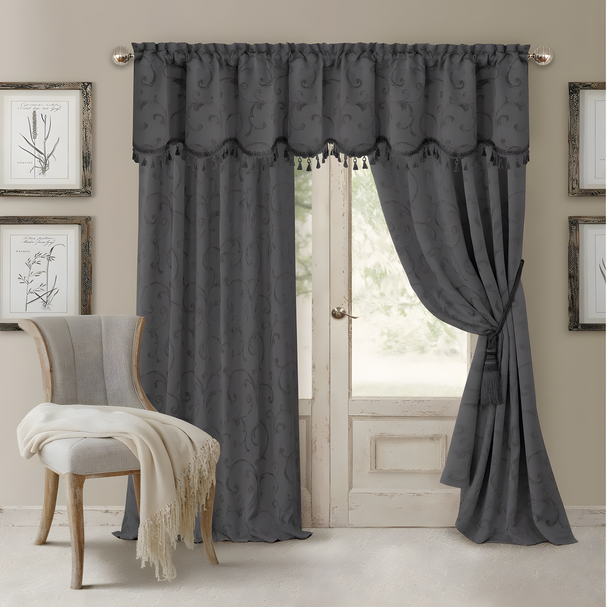 Mia Jacquard Scroll Blackout Window Curtain Panel - 52" x 84" - Gray - Elrene Home Fashions