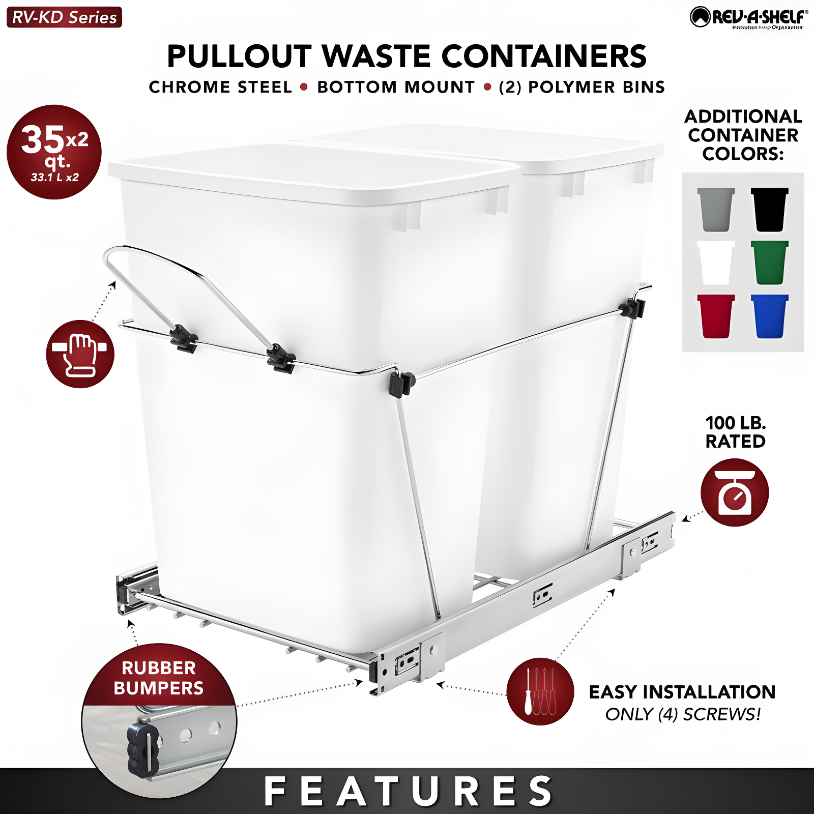 Rev-A-Shelf Double Pull Out Trash Can 27 Qt for Kitchen
