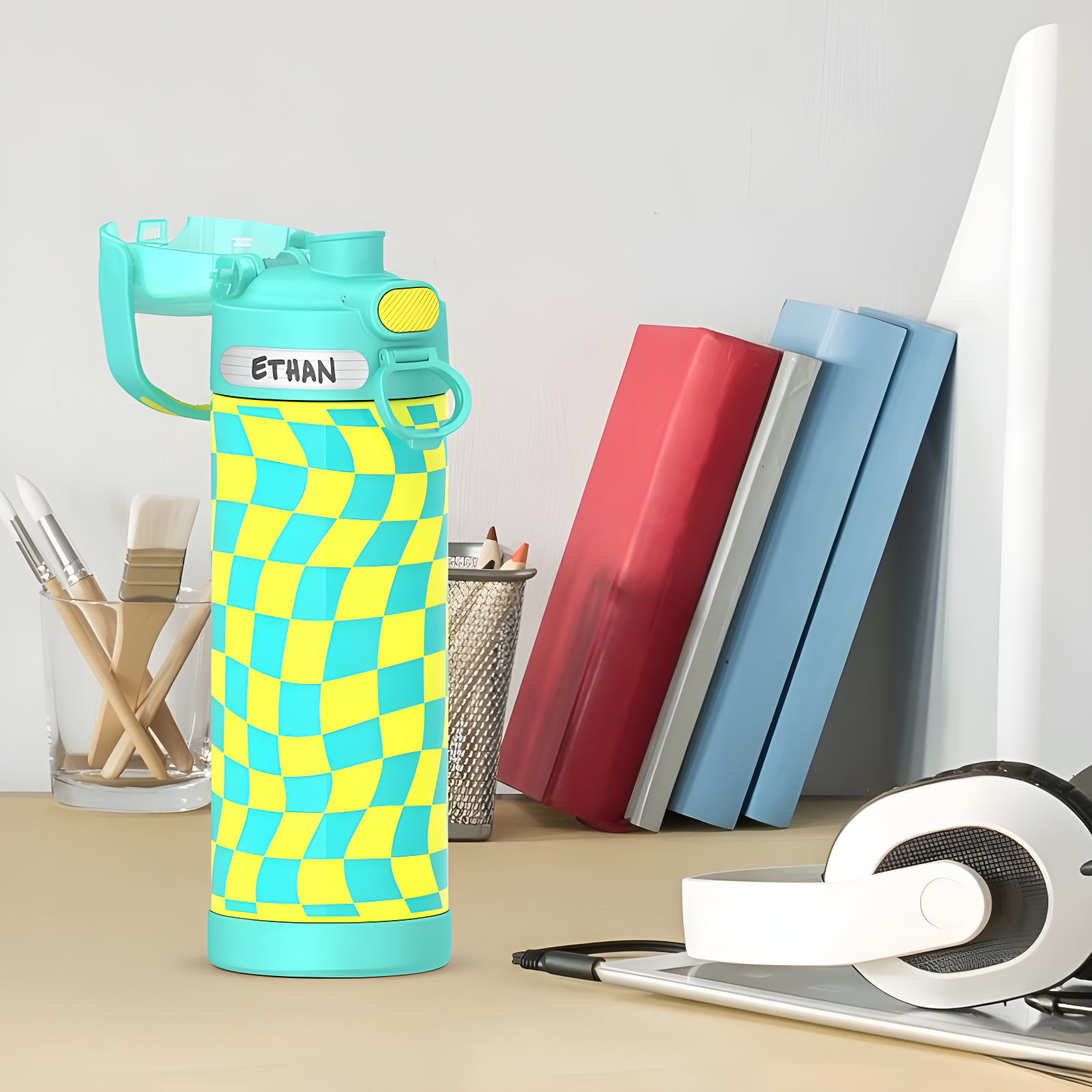 Thermos 16oz Stainless Steel FUNtainer Water Bottle with Bail Handle - Teal Checkers