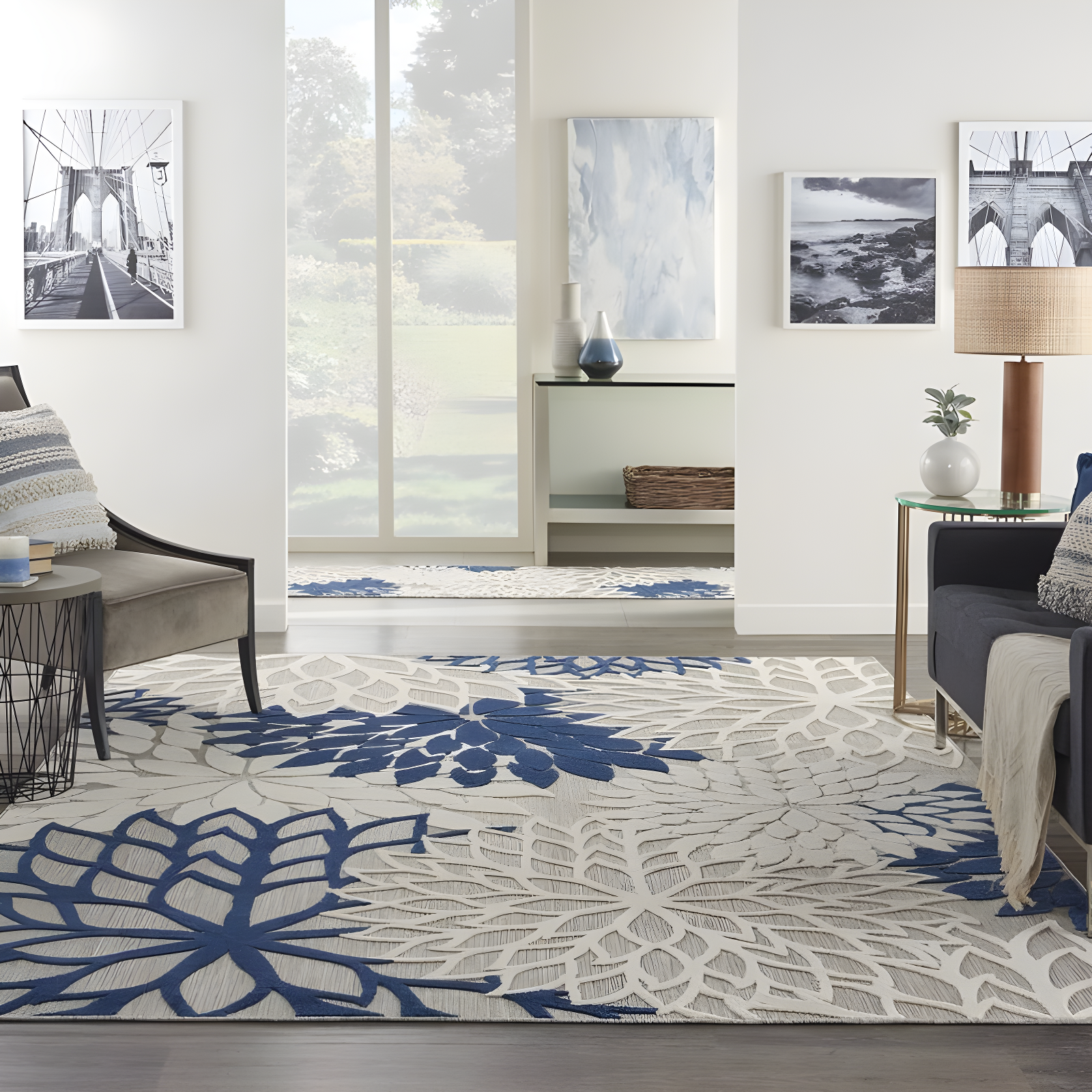 Nourison Aloha Floral Bloom Flatweave High-Low Indoor Outdoor Area Rug Ivory/Navy 7'10" x 10'6"