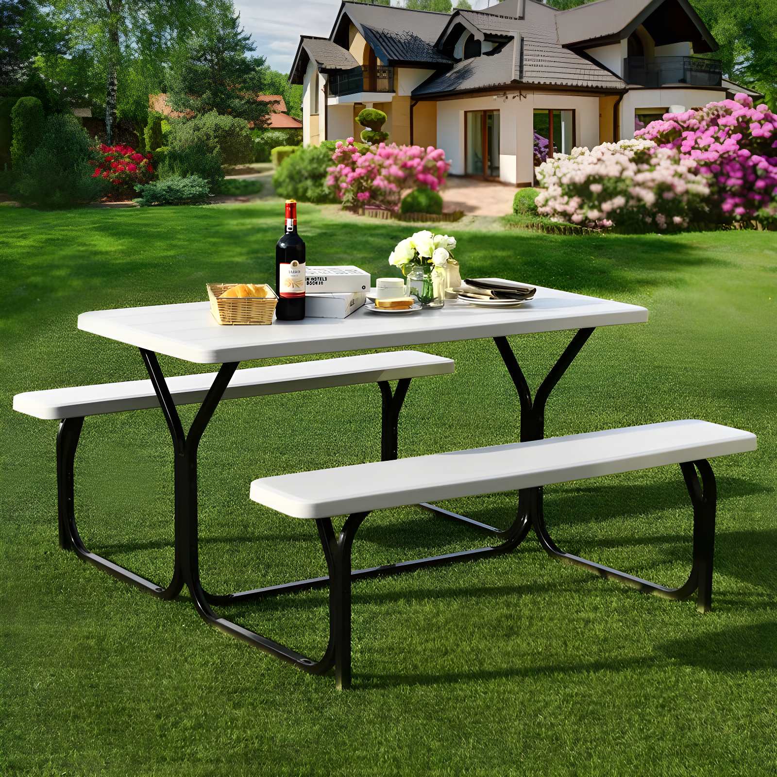 Tangkula Outdoor Picnic Table Bench Set Patio Camping Table w/Steel Frame & Wood Texture Tabletop for Garden White