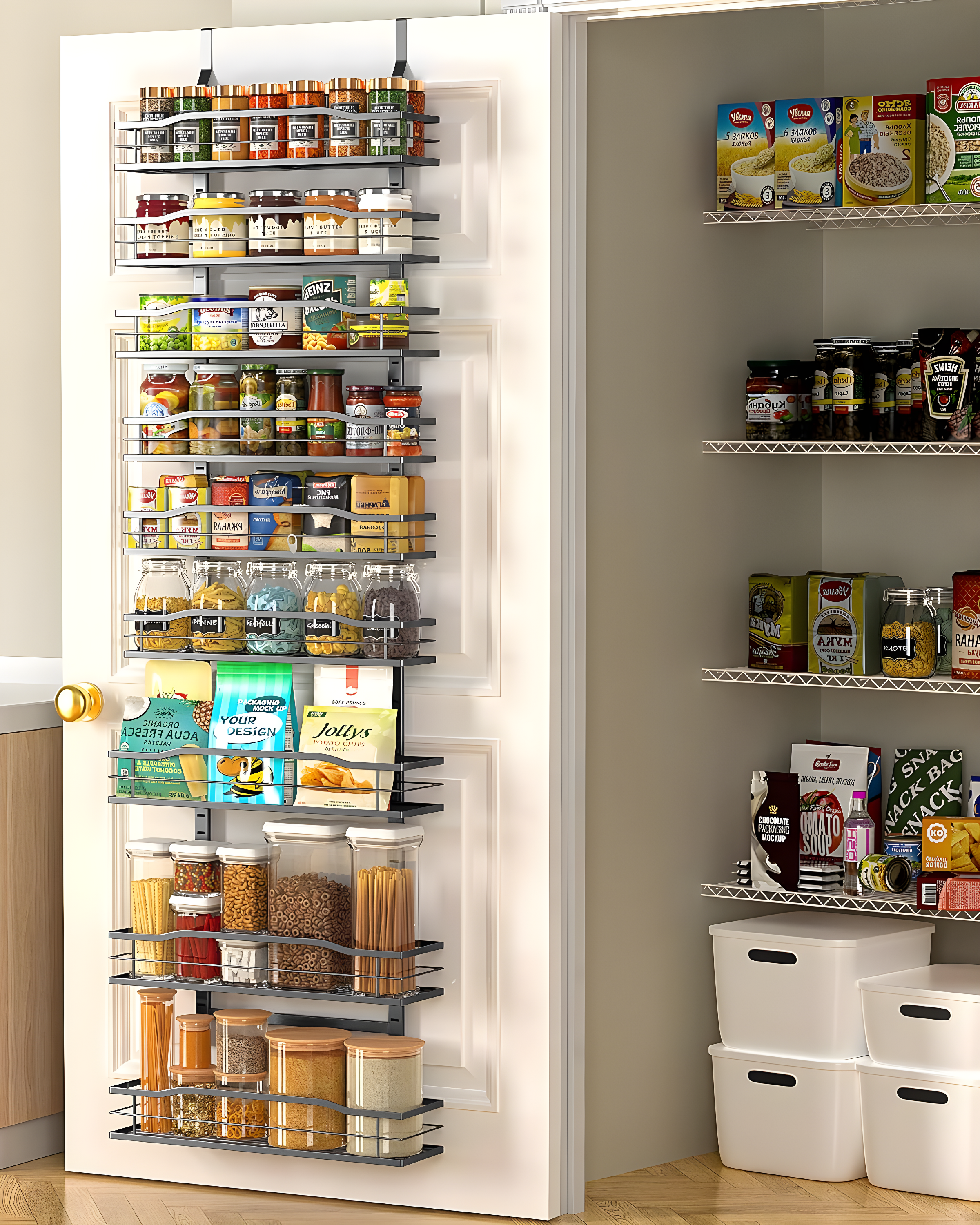 Rebrilliant 9-Tier Over The Door Pantry Organizer, Black Hanging Basket Wall Spice Rack Seasoning Shelves