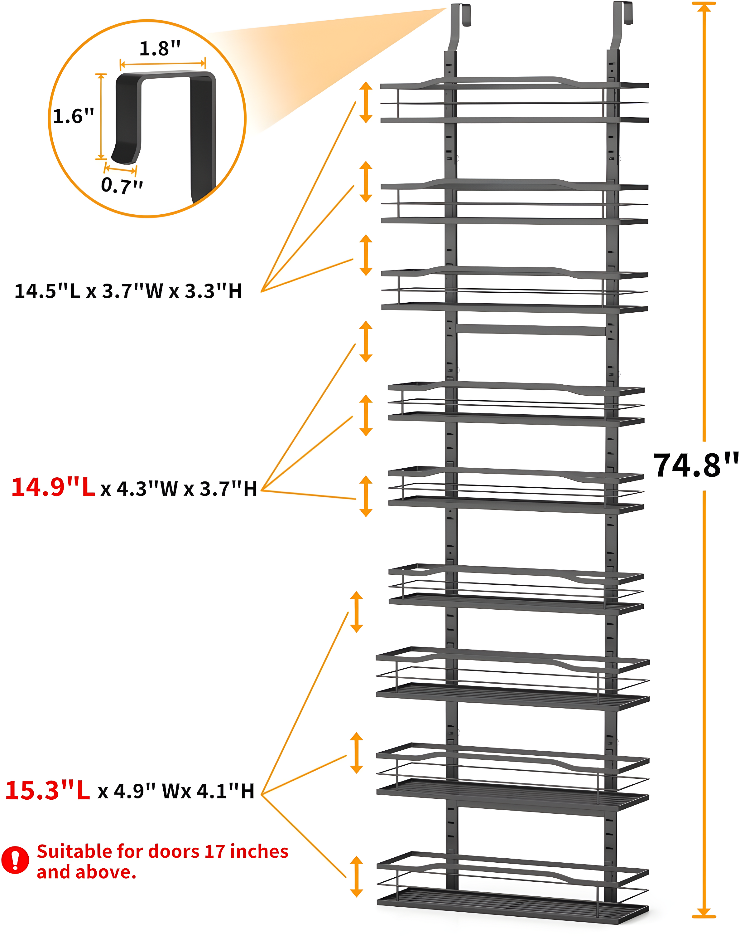 Rebrilliant 9-Tier Over The Door Pantry Organizer, Black Hanging Basket Wall Spice Rack Seasoning Shelves