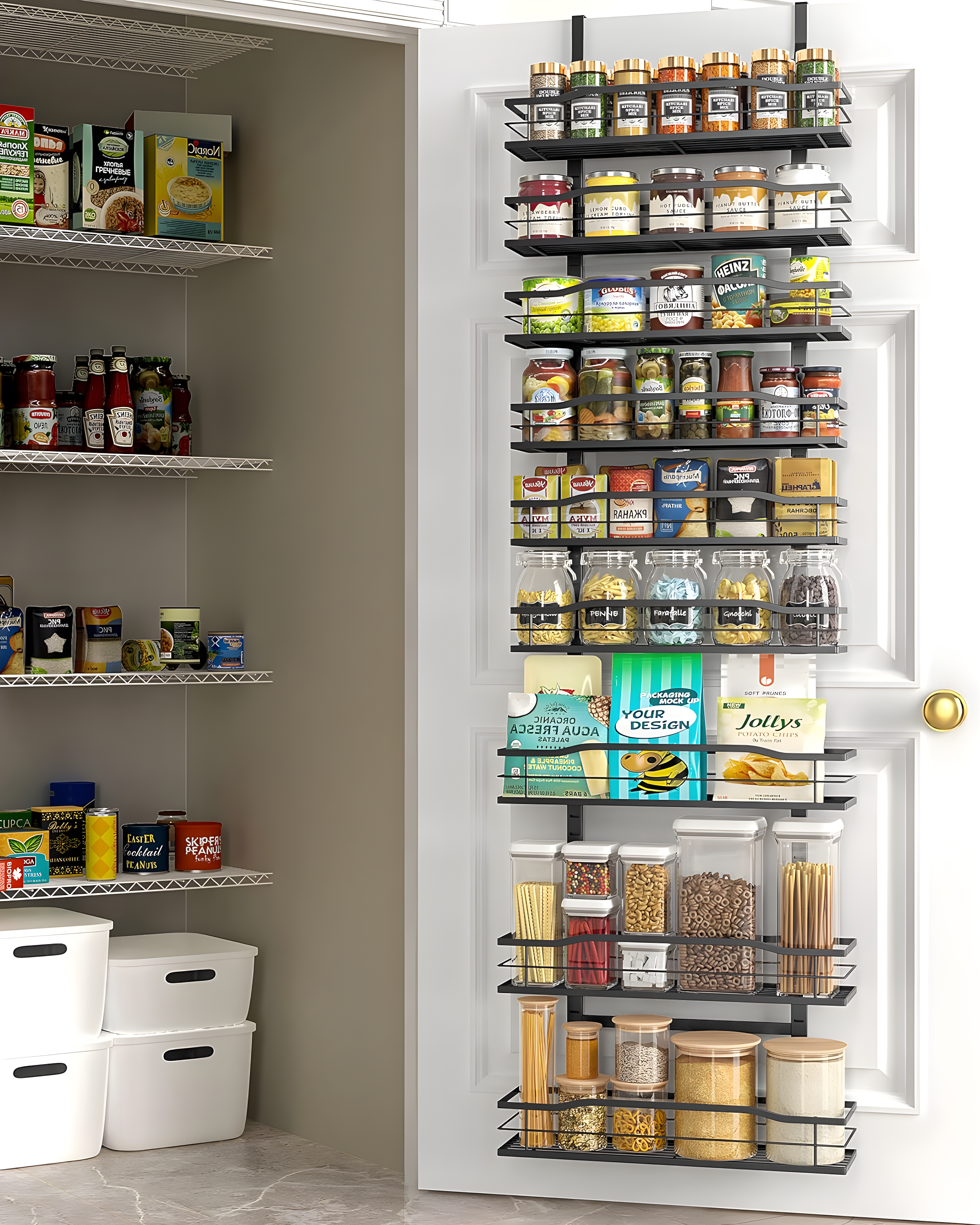 Rebrilliant 9-Tier Over The Door Pantry Organizer, Black Hanging Basket Wall Spice Rack Seasoning Shelves