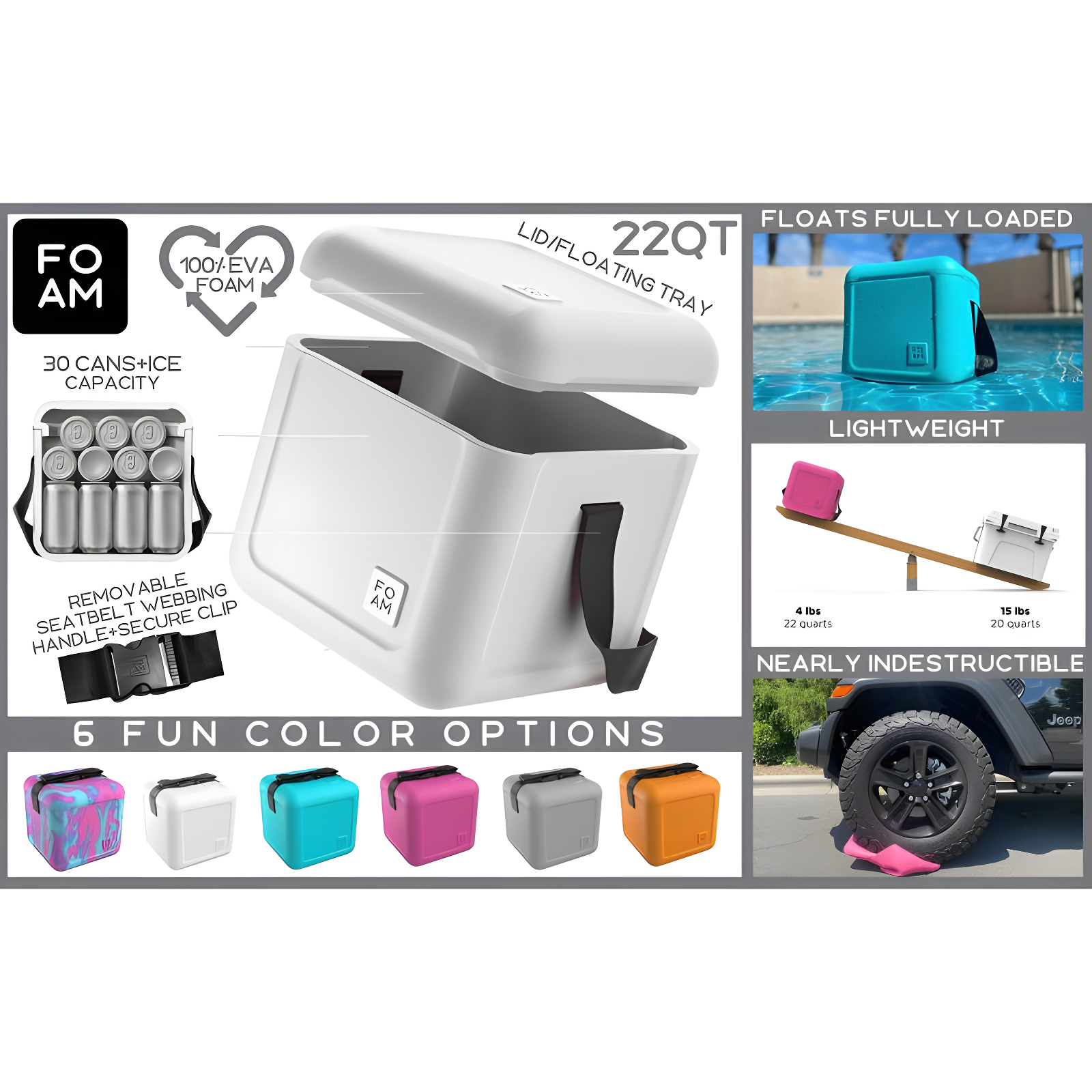 FOAM FOAM Portable 22 Quart EVA Lightweight Beach Rigid Hybrid Soft Side Cooler that Holds 30 Cans & Ice