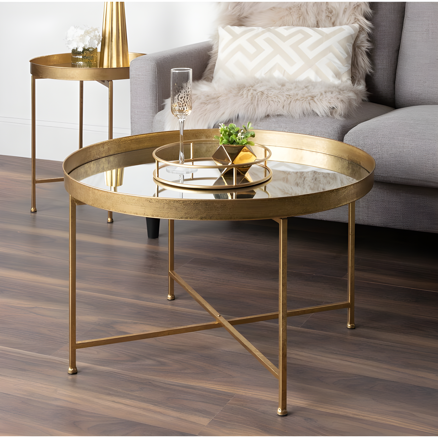 Kate and Laurel Celia Round Metal Side Table, 18.25x18.25x22, Gold and Mirror