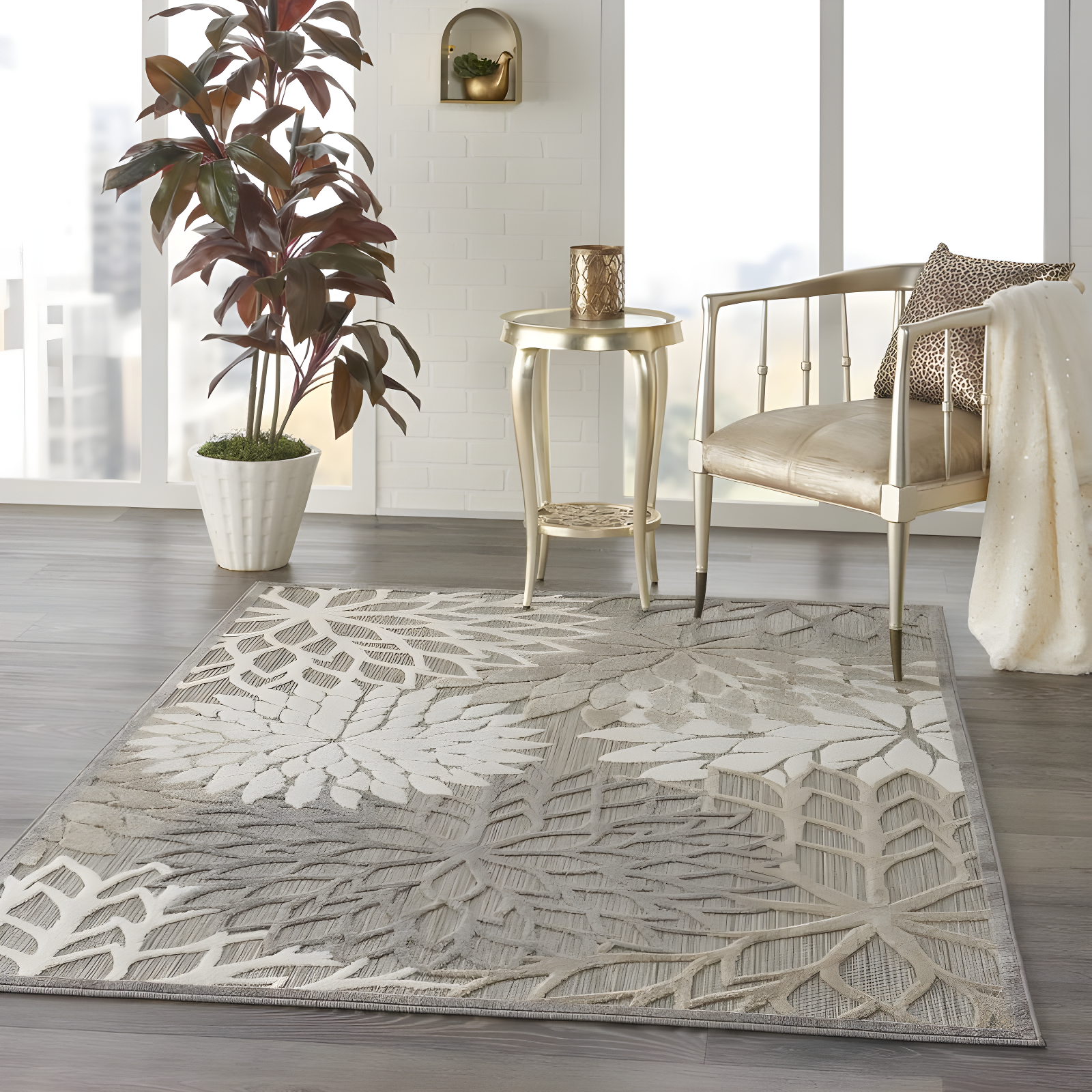 Nourison Aloha Floral Bloom Flatweave High-Low Indoor Outdoor Area Rug Natural 5'3" x 7'5"