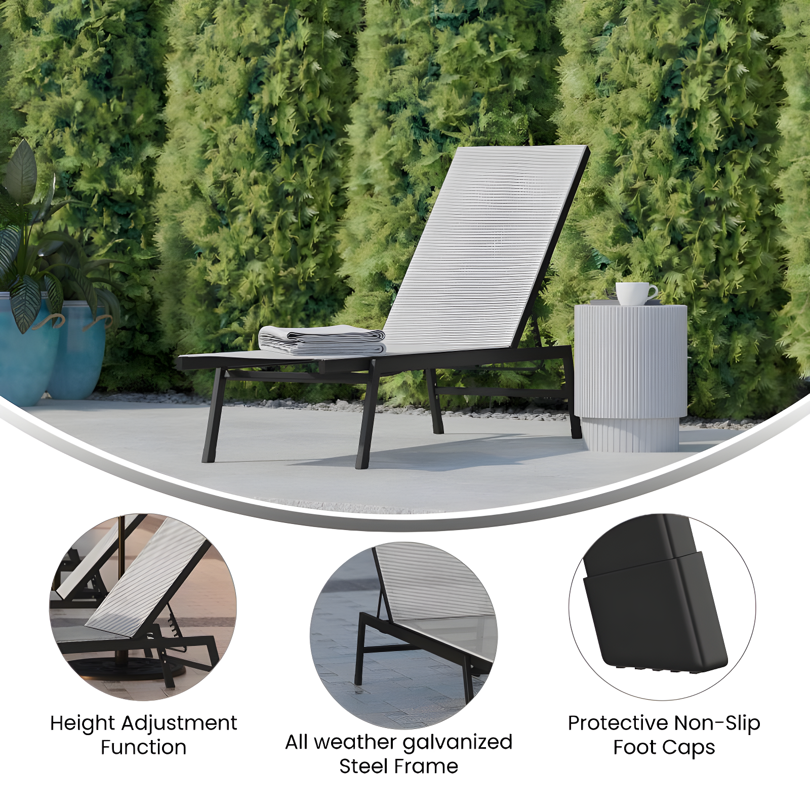 Flash Furniture Brazos Adjustable Chaise Lounge Chair, Outdoor Five-Position Recliner, All Weather, Black/Gray