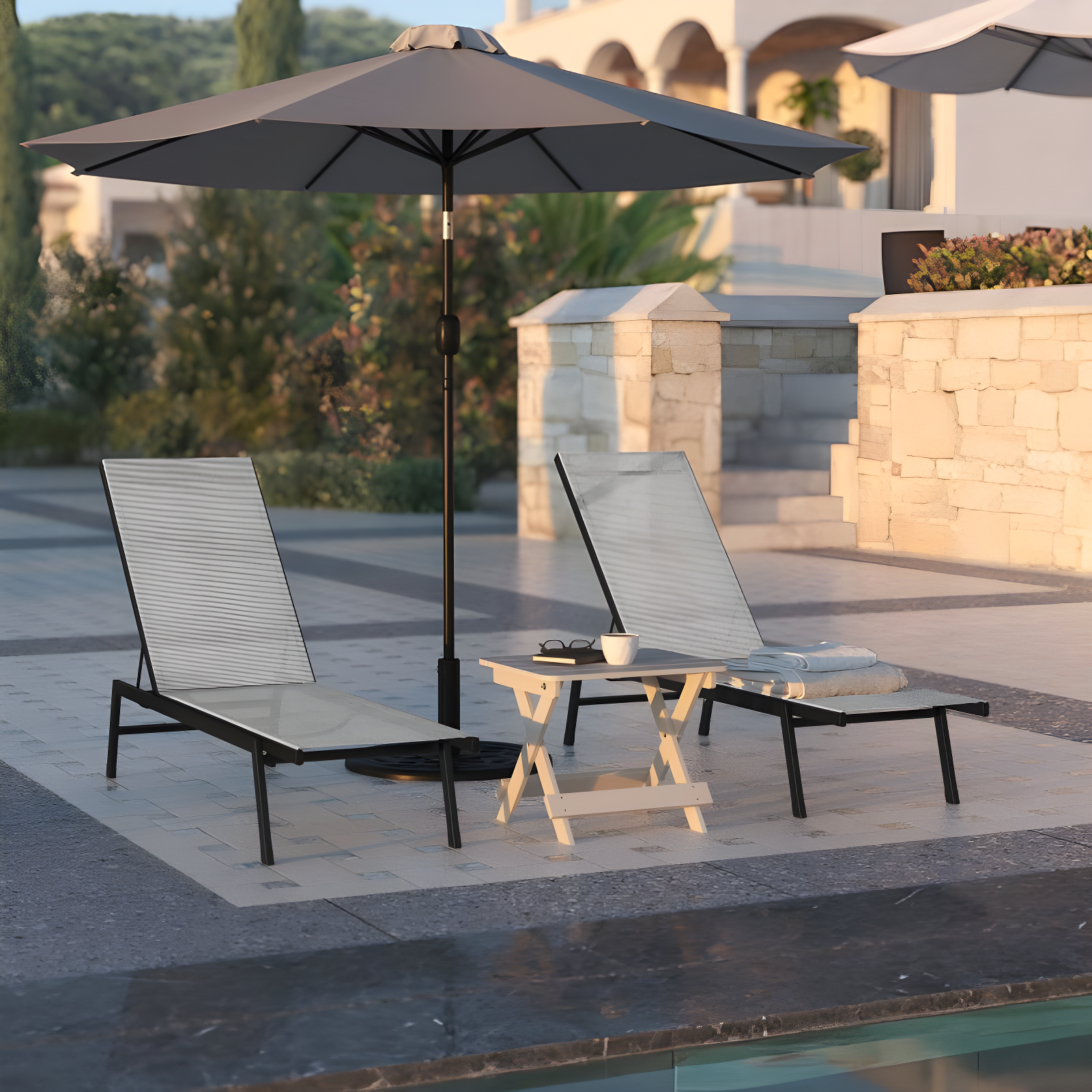 Flash Furniture Brazos Adjustable Chaise Lounge Chair, Outdoor Five-Position Recliner, All Weather, Black/Gray