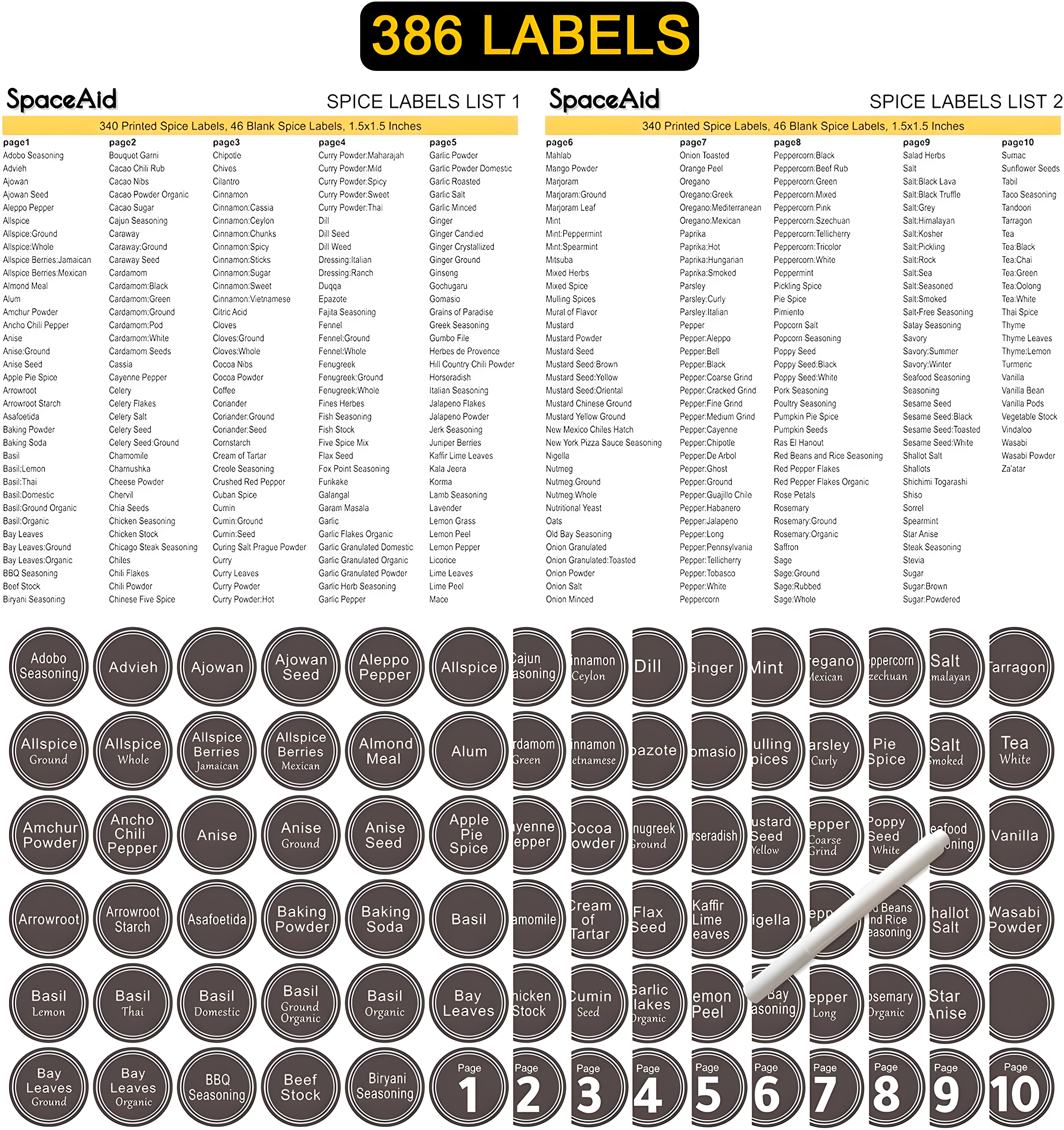 SpaceAid Spice Rack Organizer Set with Spice Jars, 386 Labels, Chalk Marker, and Funnel – For Cabinet, Countertop, Pantry, Cupboard, or Wall Mount