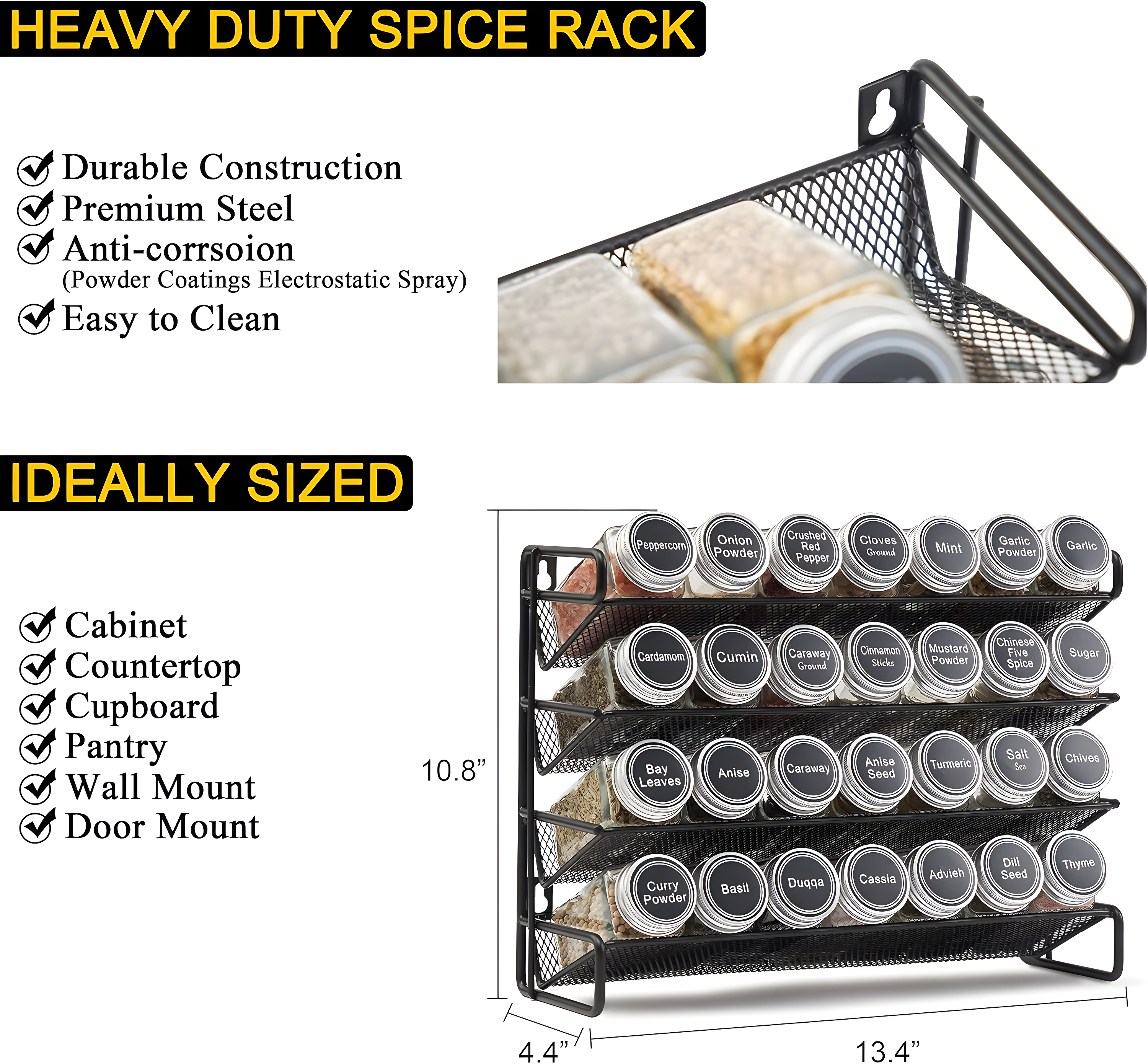 SpaceAid Spice Rack Organizer Set with Spice Jars, 386 Labels, Chalk Marker, and Funnel – For Cabinet, Countertop, Pantry, Cupboard, or Wall Mount