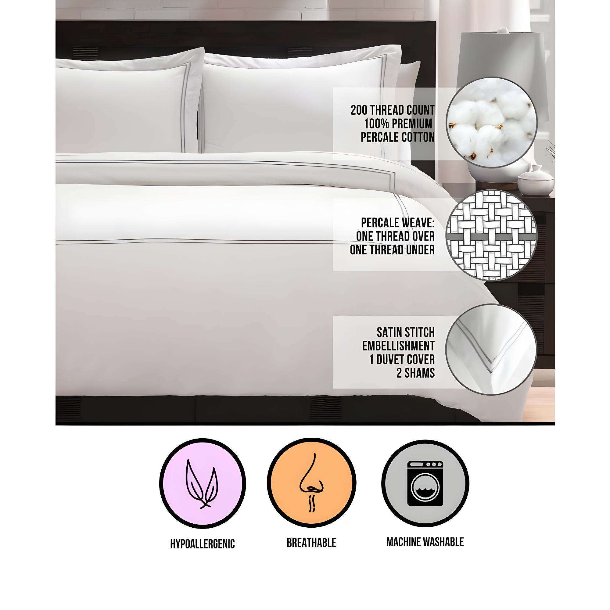 Ella Jayne Home Ella Jayne Cotton Duvet Cover with Satin Satin Stitching 3-Piece Set, White with White Satin Stitching