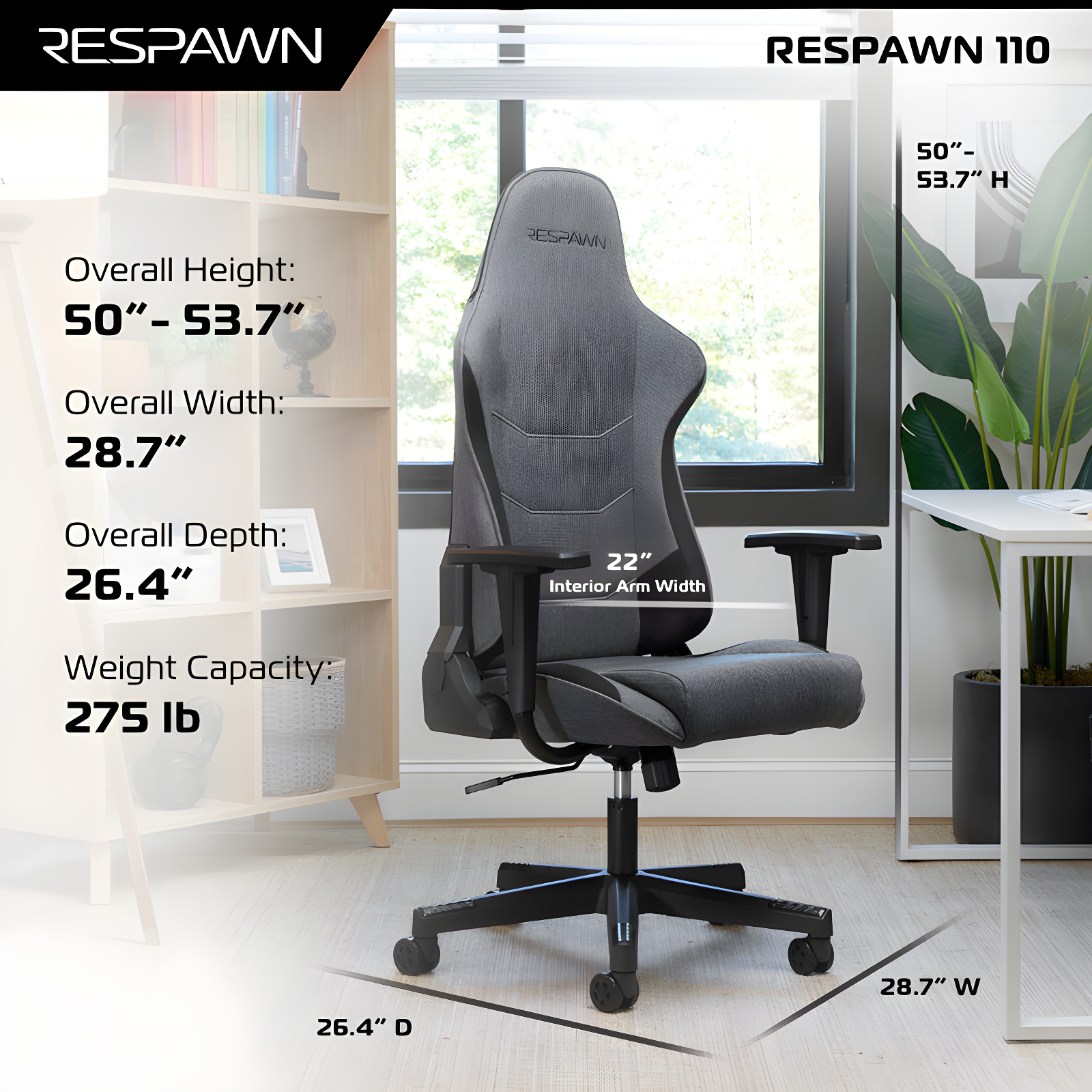 RESPAWN 110 Gaming Chair - Gamer Chair PC Computer Chair, Ergonomic Gaming Chairs, Office Chair with Integrated Headrest, Gaming Chair for Adults 135 Degree Recline with Angle Lock