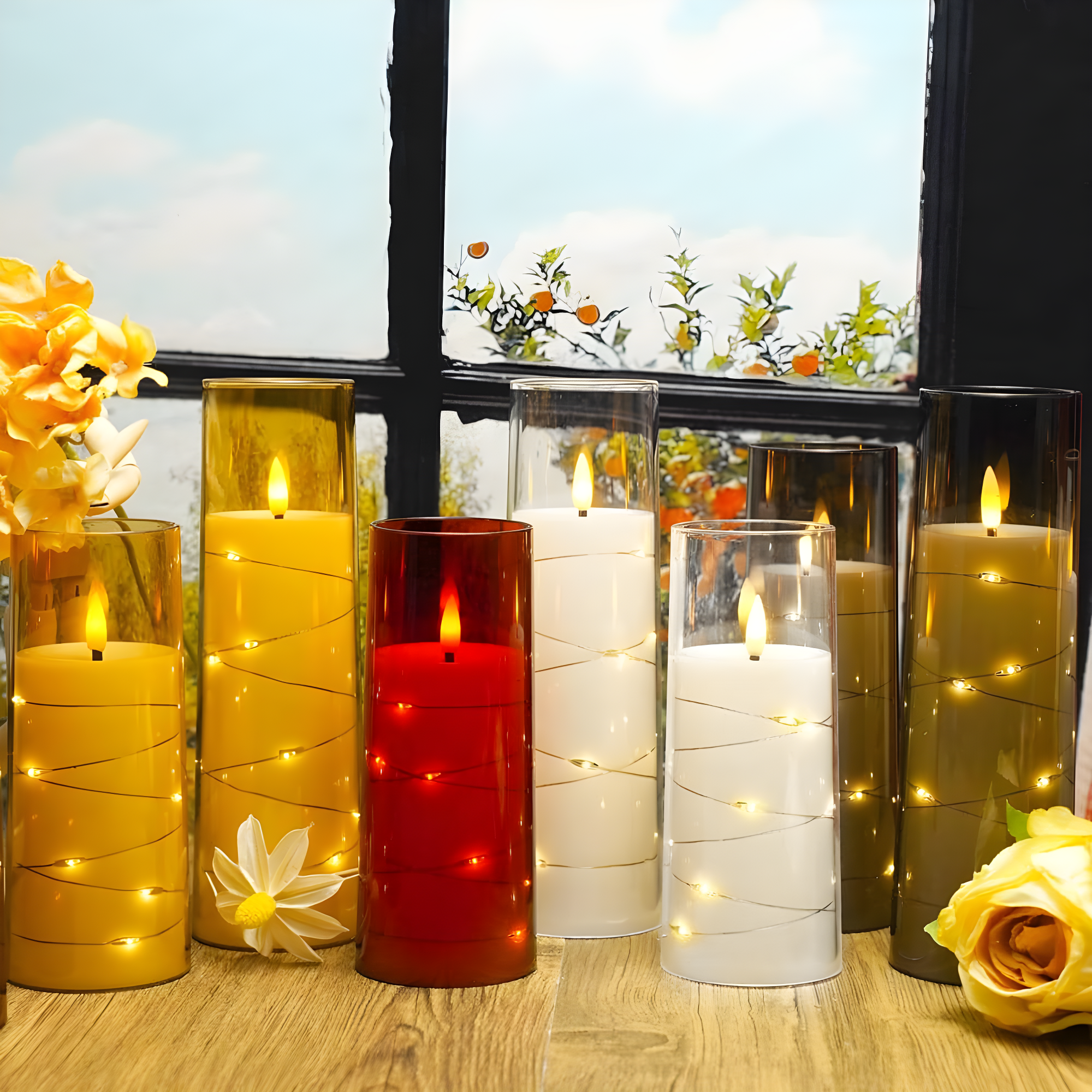 Raycare Flameless LED Candles with Embedded Star String, 9 Pcs Battery Operated Acrylic Pillar Candles with Timer and Remote, Flickering for Romantic Ambiance and Home Decoration (White)