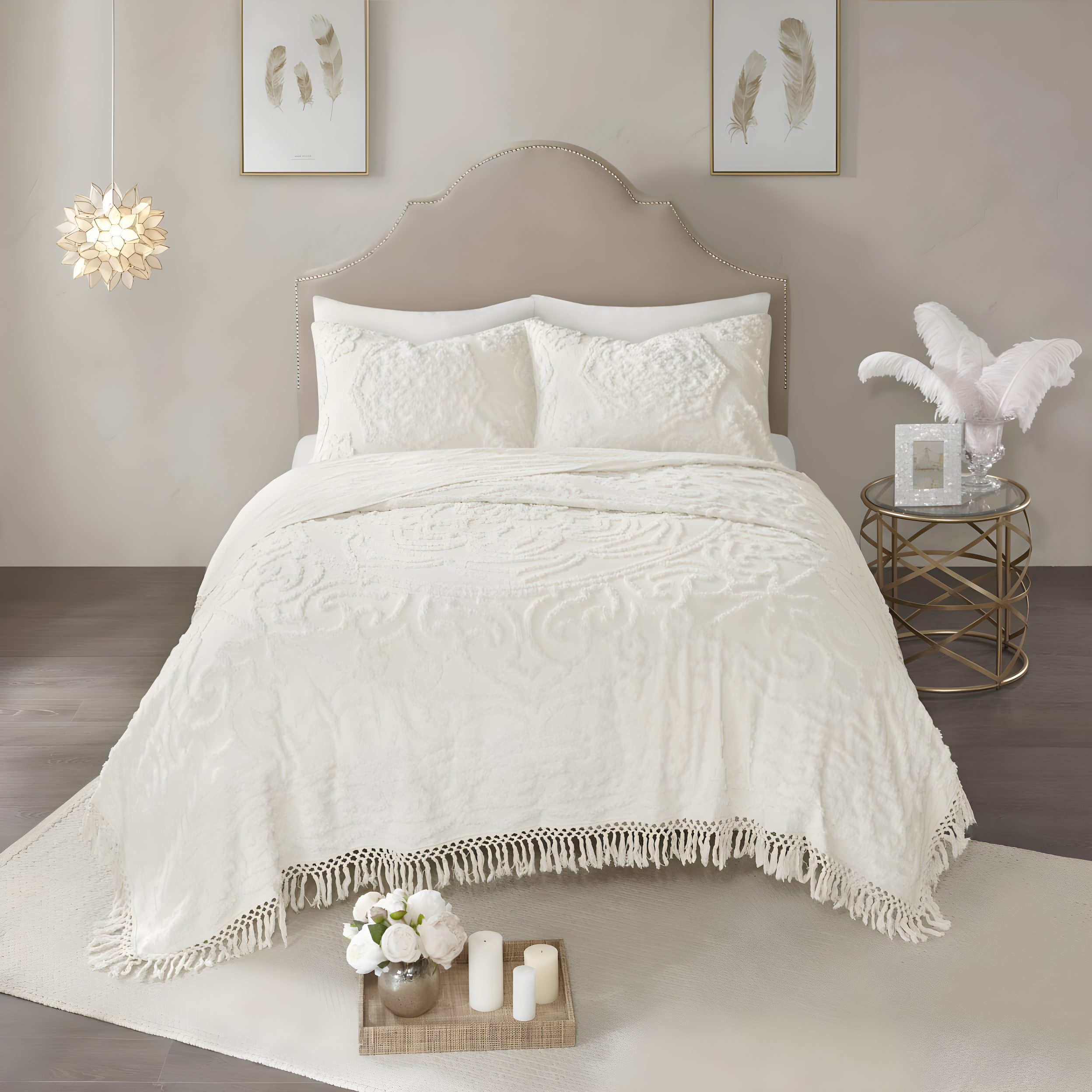 Laetitia Tufted Chenille Cotton Medallion Fringe Coverlet Set
