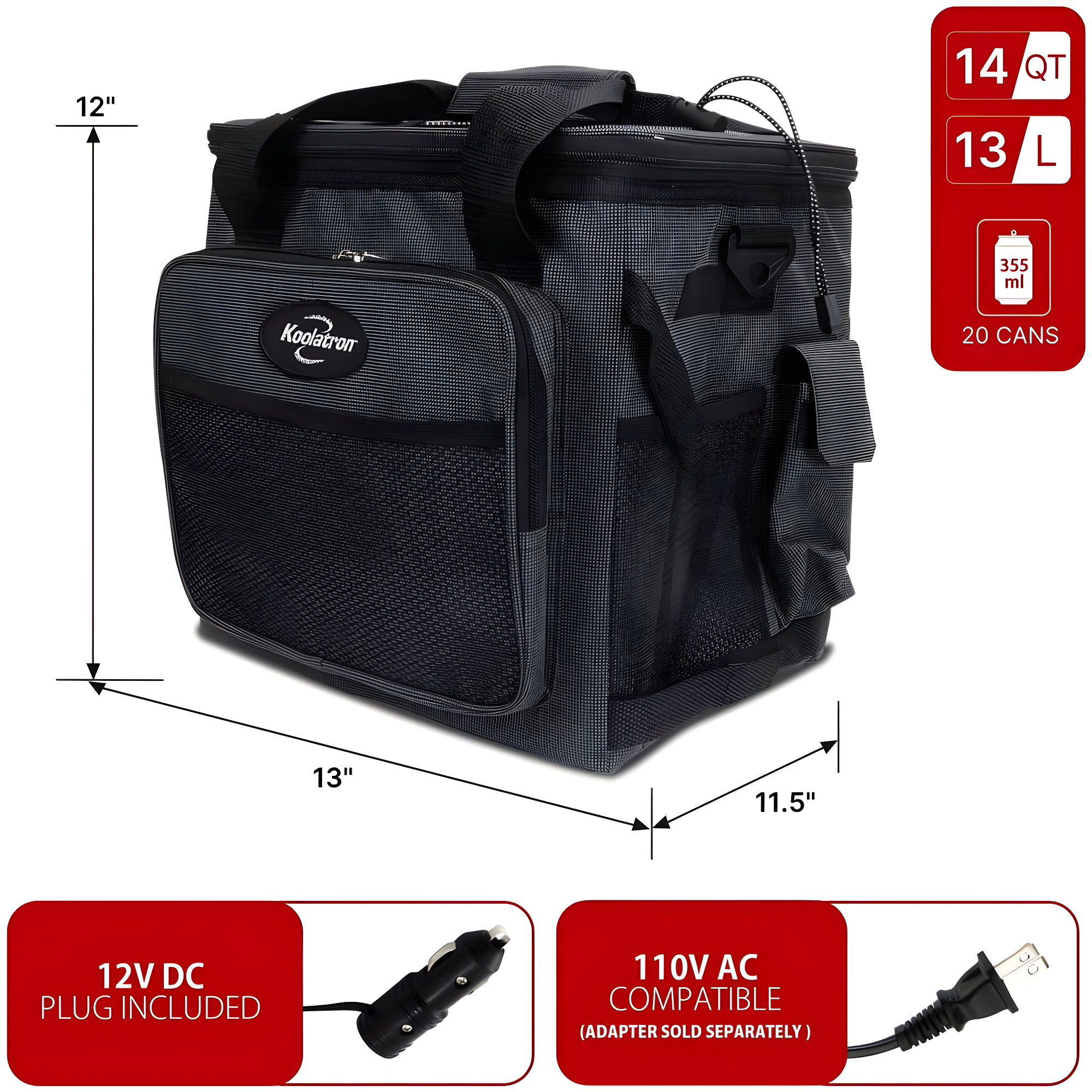 Koolatron D13 Soft-Sided Electric Travel Cooler, 14-Quart Capacity, 12V Car Outlet Plug, Holds Twenty 12-ounce Cans or 2L Bottles Upright, Soft Nylon Sides; Dark Grey