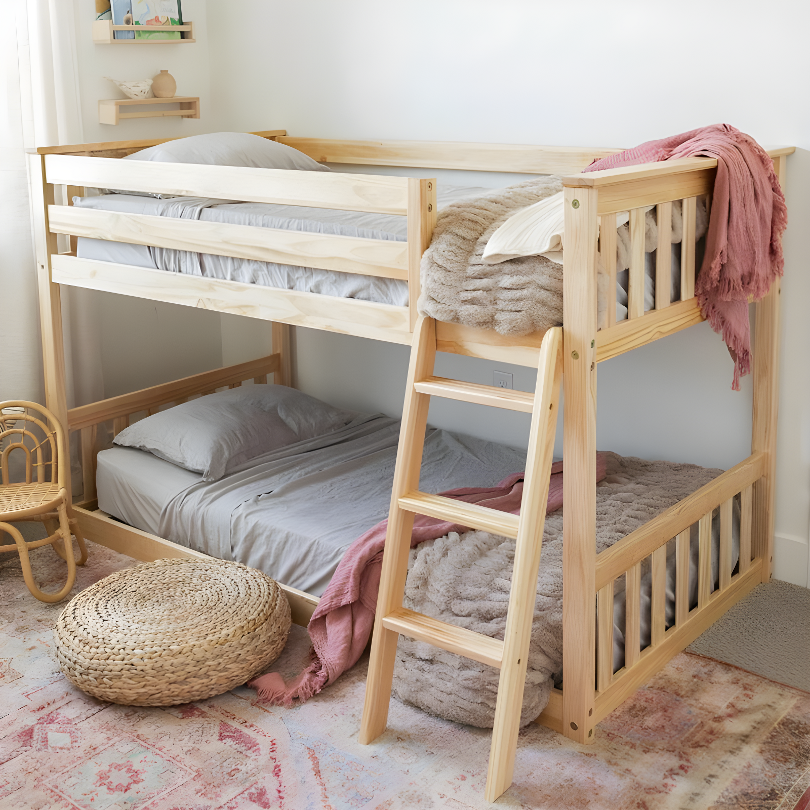 Max & Lily Twin over Twin Bunk Bed for Kids, Solid Wood Low Bunk Beds with Ladder, Natural