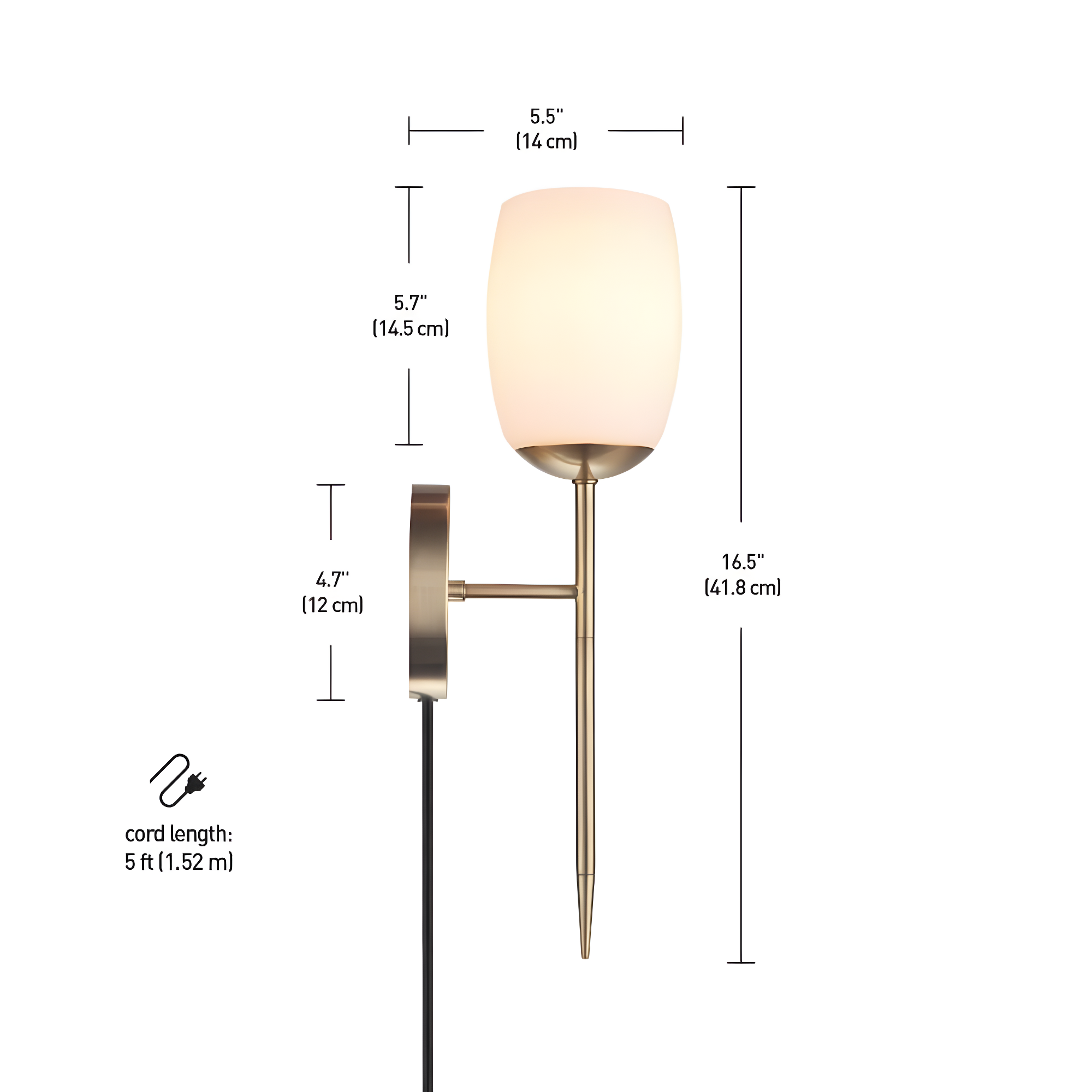 1-Light Matte Brass Plug-In or Hardwire Wall Sconce with Opal Glass Shade