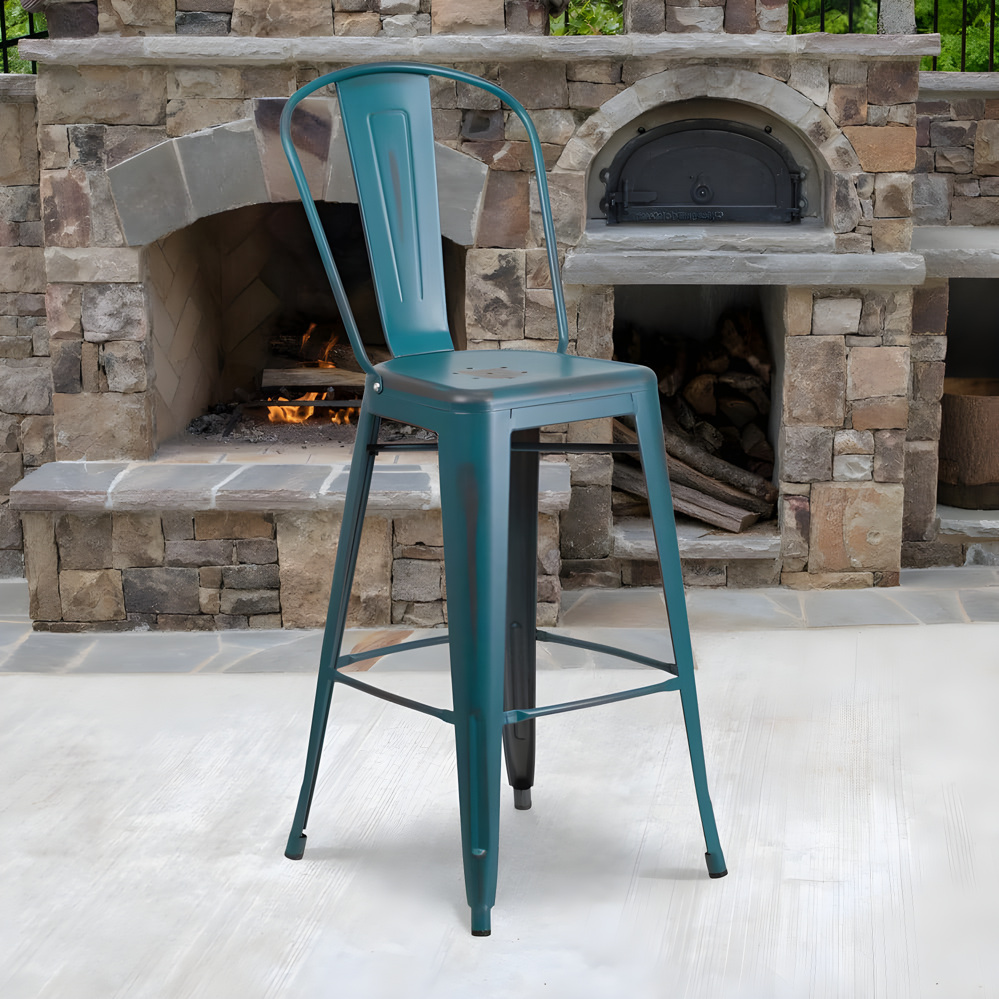 Flash Furniture Commercial Grade 30" High Distressed Kelly Blue-Teal Metal Indoor-Outdoor Barstool with Back