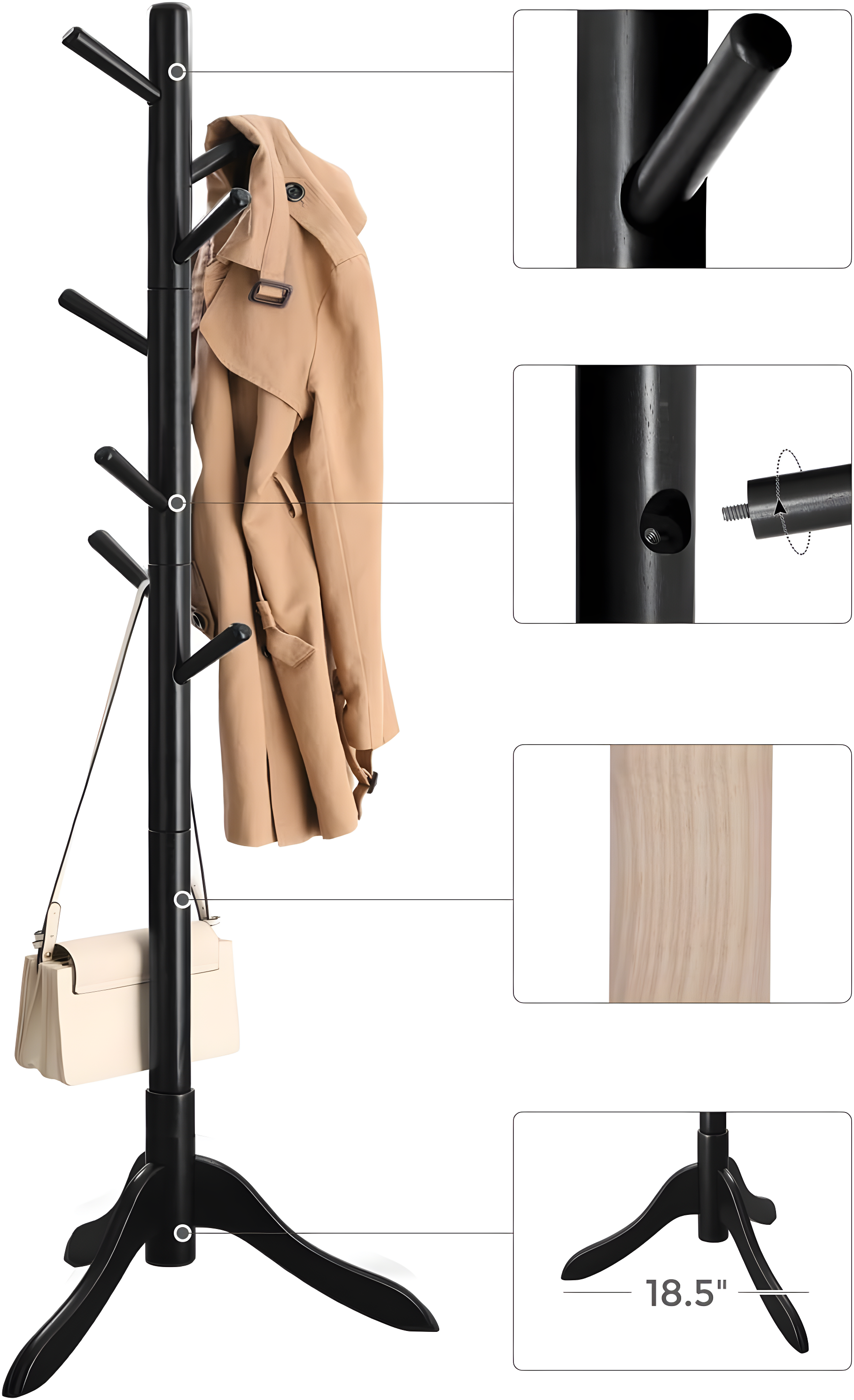 Coat Rack Free Standing, Coat Stand, Hall Coat Tree with 8 Hooks, Black