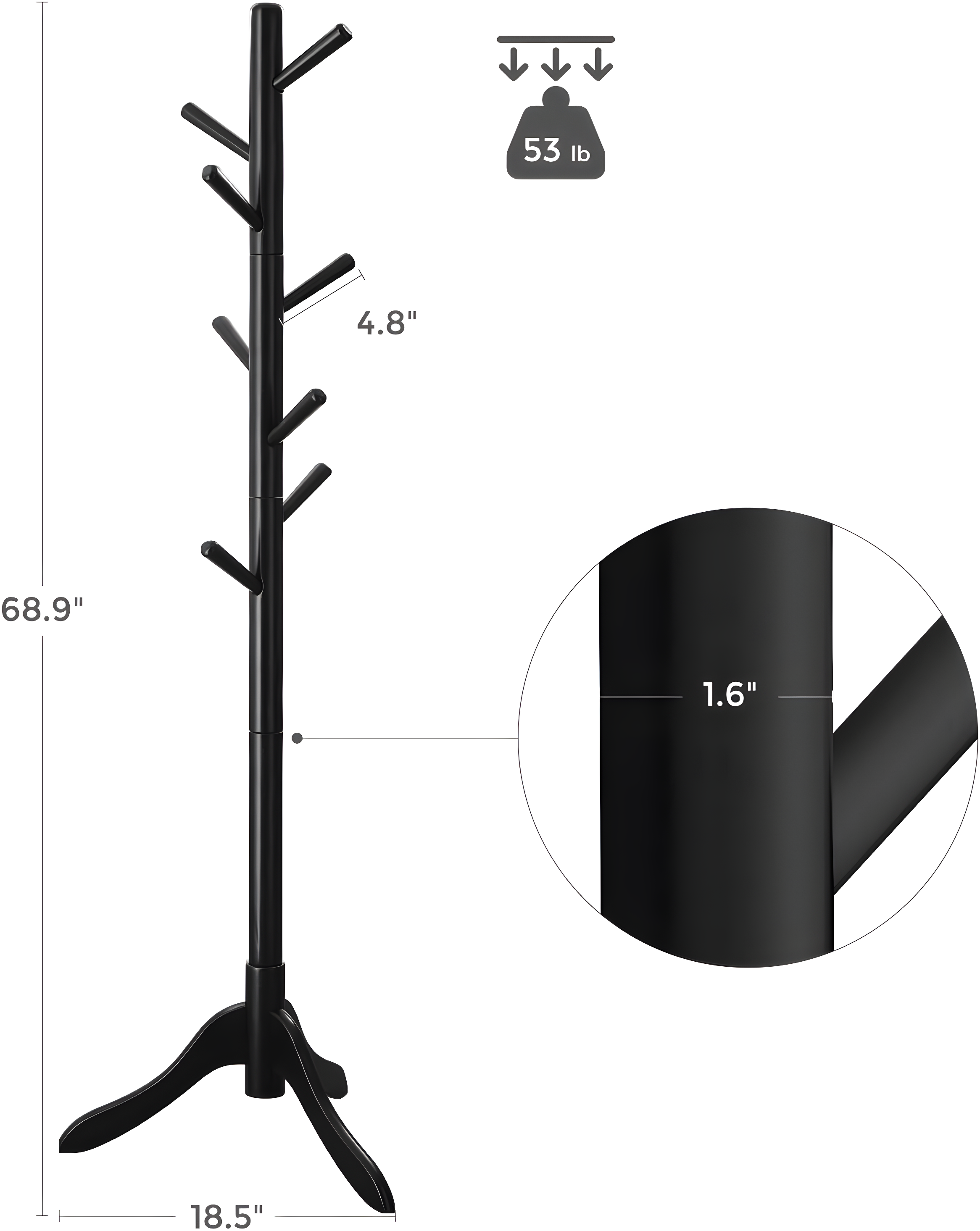 Coat Rack Free Standing, Coat Stand, Hall Coat Tree with 8 Hooks, Black