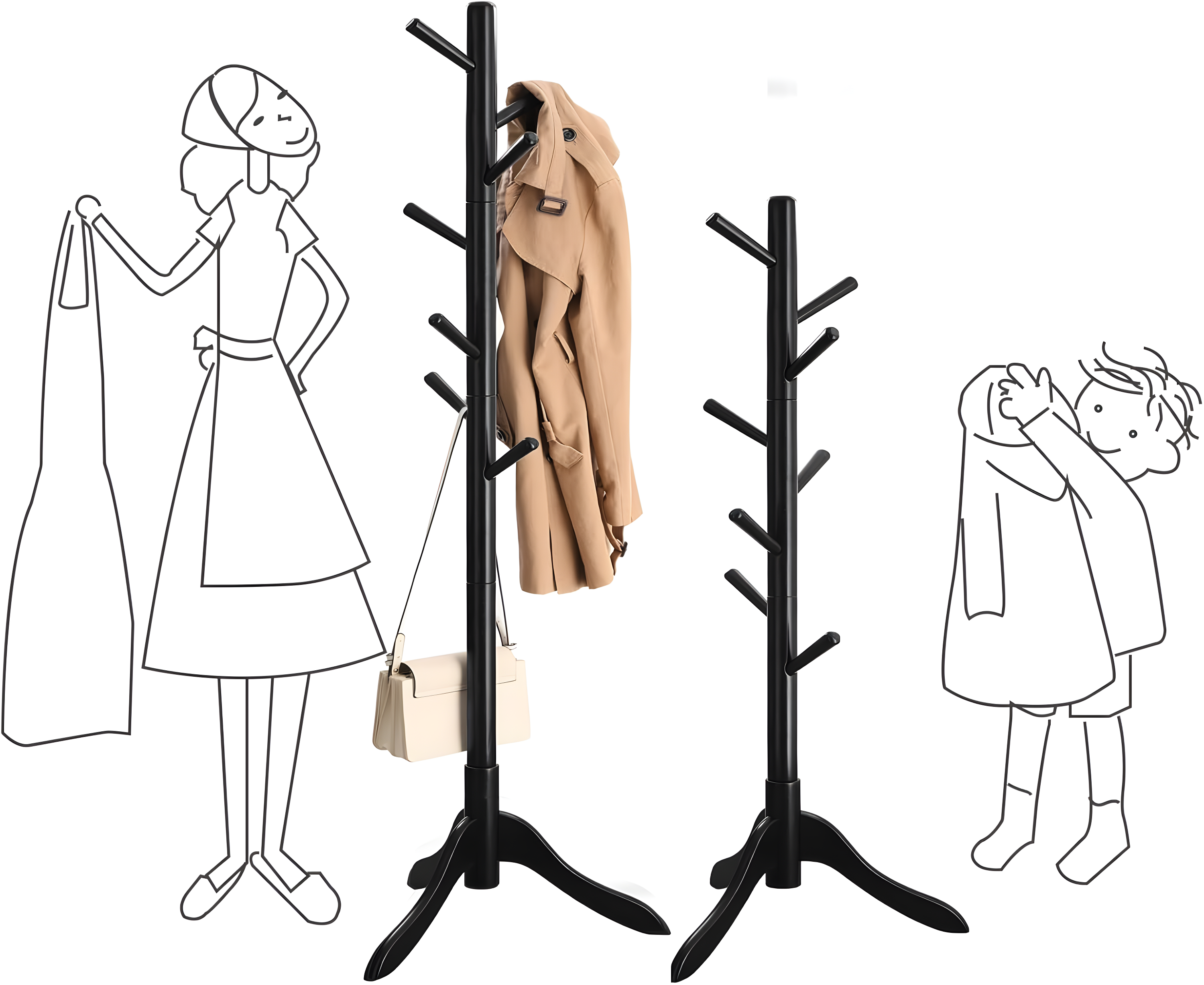 Coat Rack Free Standing, Coat Stand, Hall Coat Tree with 8 Hooks, Black