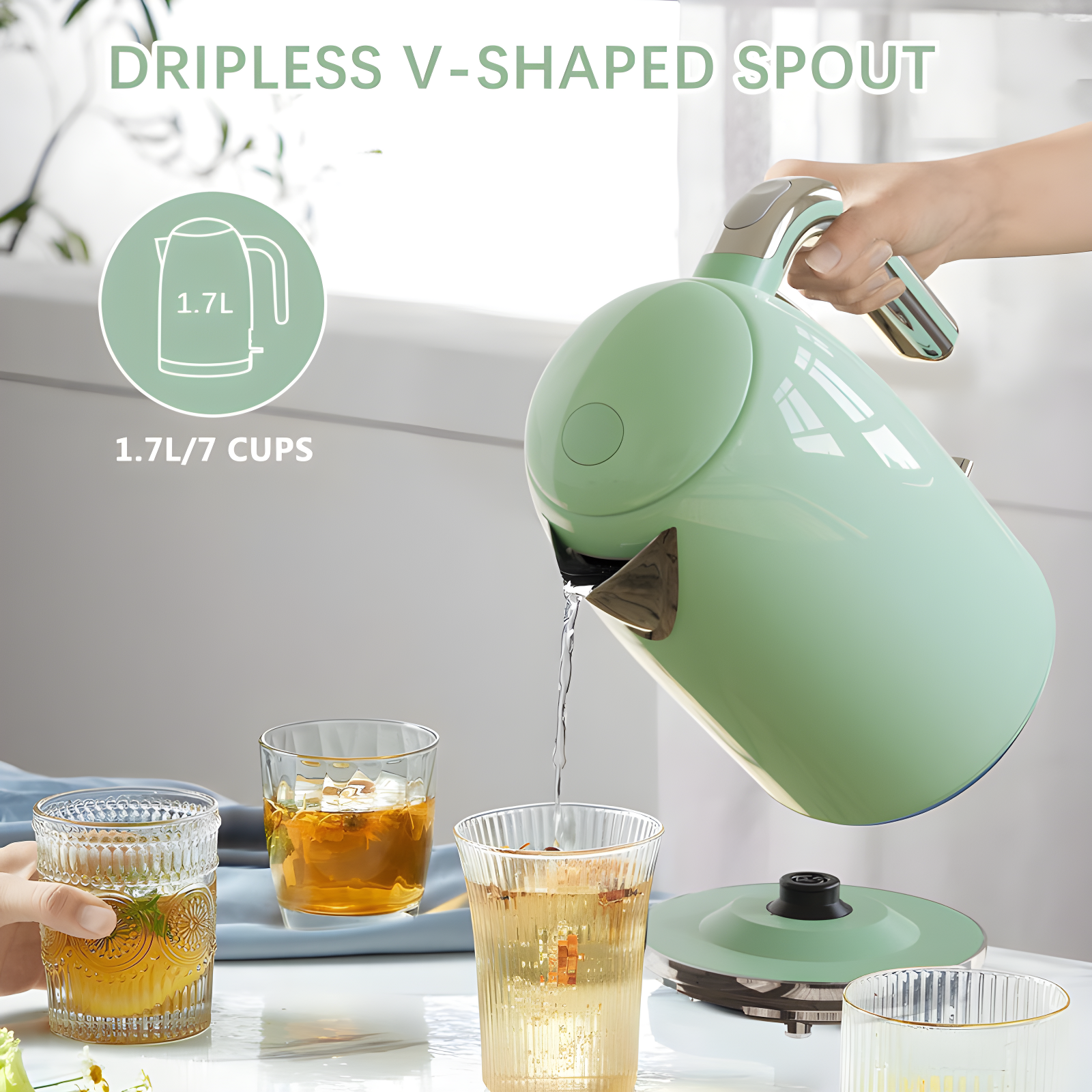 Electric Tea Kettle, 1500W /1.7 L Hot Water Kettle Electric, Retro Electric Kettle, Auto Shut-Off & Boil-Dry Protection, BPA Free, Stainless Steel Electric Teapot