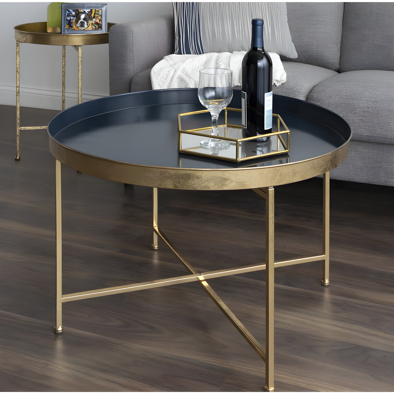 Kate and Laurel Celia Round Metal Coffee Table, 28.25x28.25x19, Navy Blue and Gold