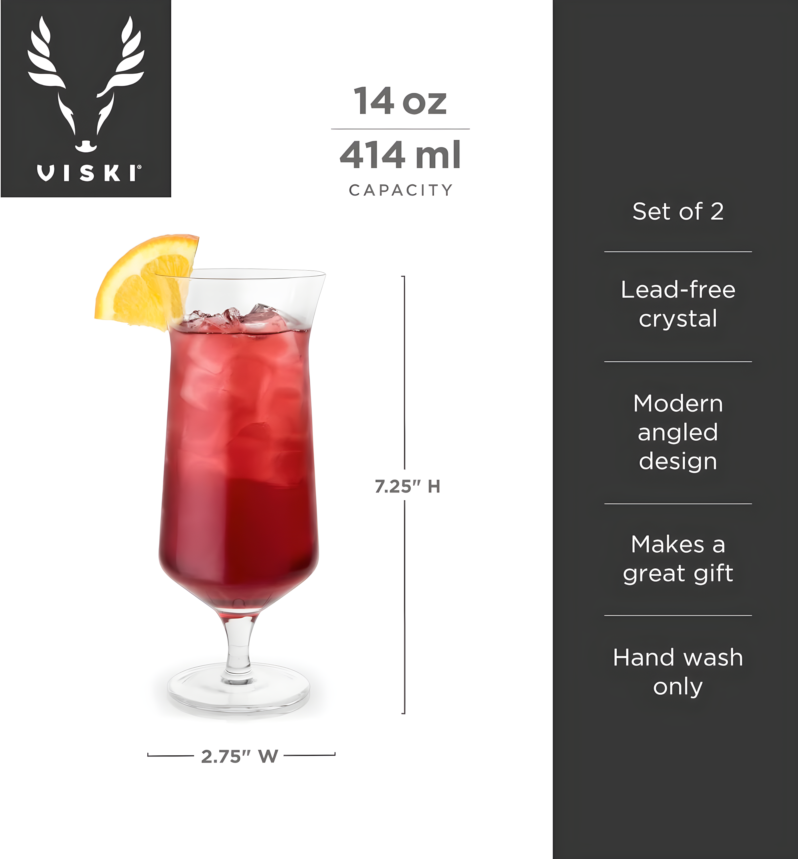 Viski Raye Angled Crystal Hurricane Glasses (Set of 2)
