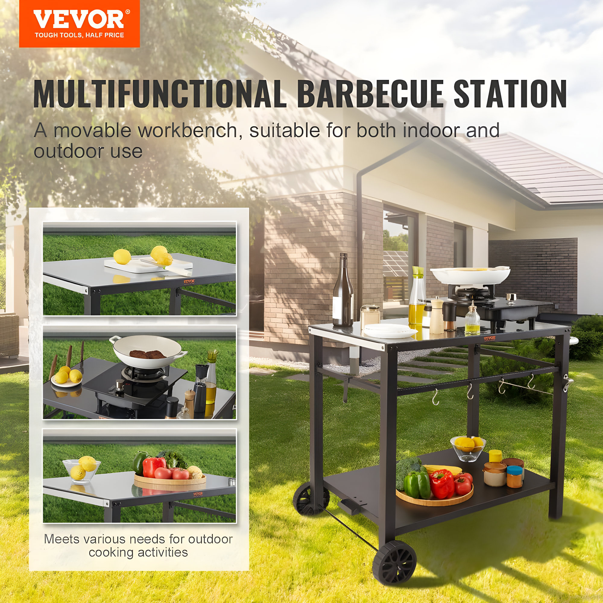 VEVOR Outdoor Grill Dining Cart with Double-Shelf, BBQ Movable Food Prep Table, Multifunctional Foldable Iron Table Top, Portable Modular Carts