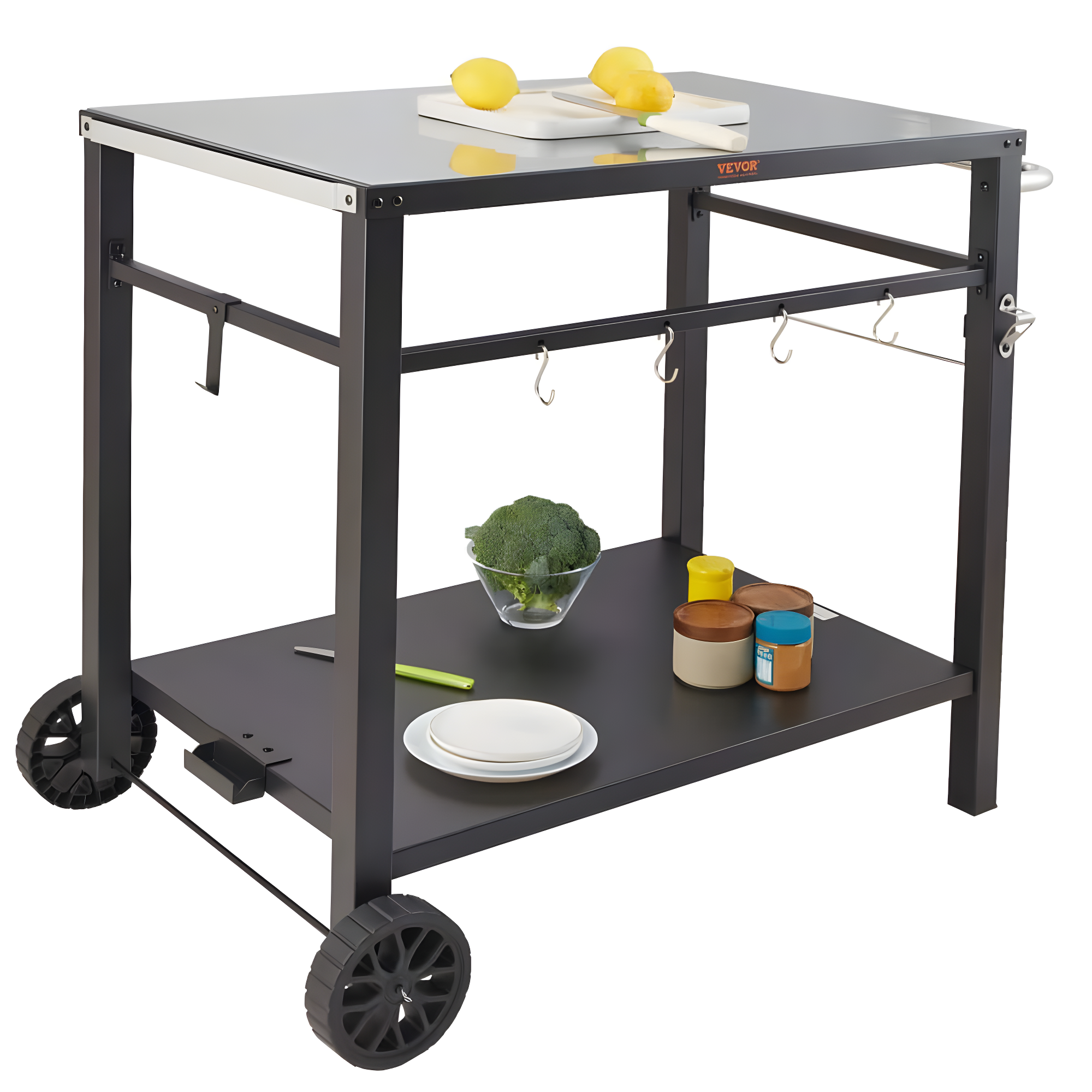 VEVOR Outdoor Grill Dining Cart with Double-Shelf, BBQ Movable Food Prep Table, Multifunctional Foldable Iron Table Top, Portable Modular Carts