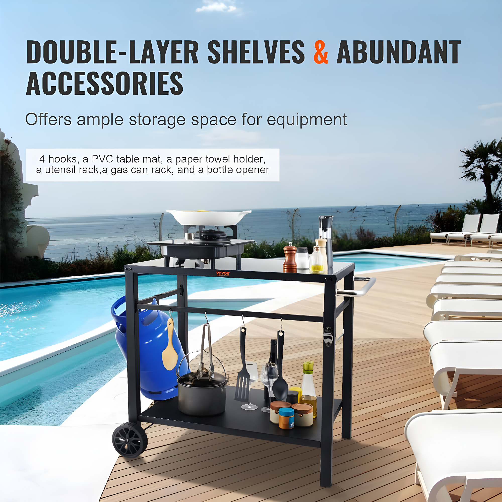 VEVOR Outdoor Grill Dining Cart with Double-Shelf, BBQ Movable Food Prep Table, Multifunctional Foldable Iron Table Top, Portable Modular Carts