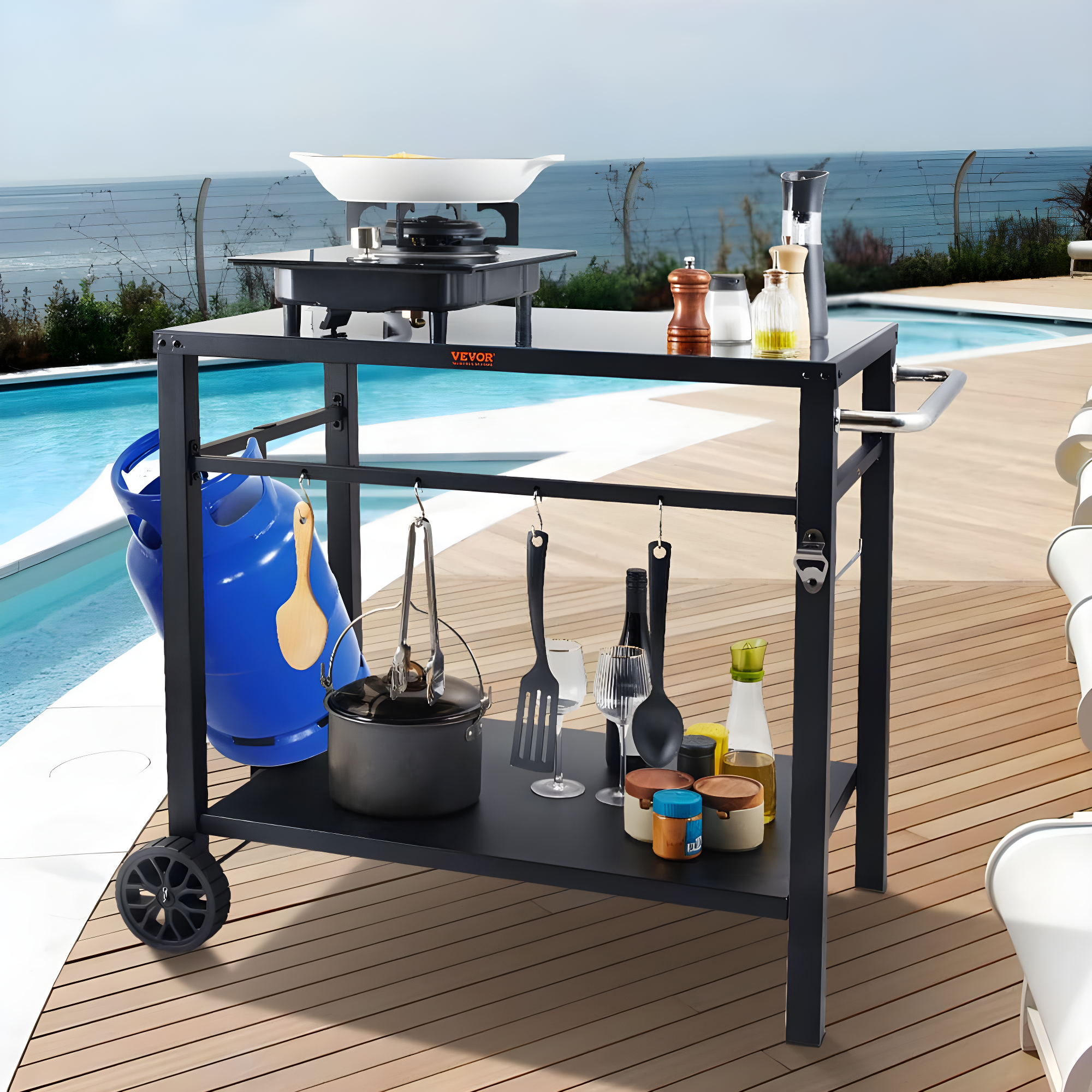 VEVOR Outdoor Grill Dining Cart with Double-Shelf, BBQ Movable Food Prep Table, Multifunctional Foldable Iron Table Top, Portable Modular Carts
