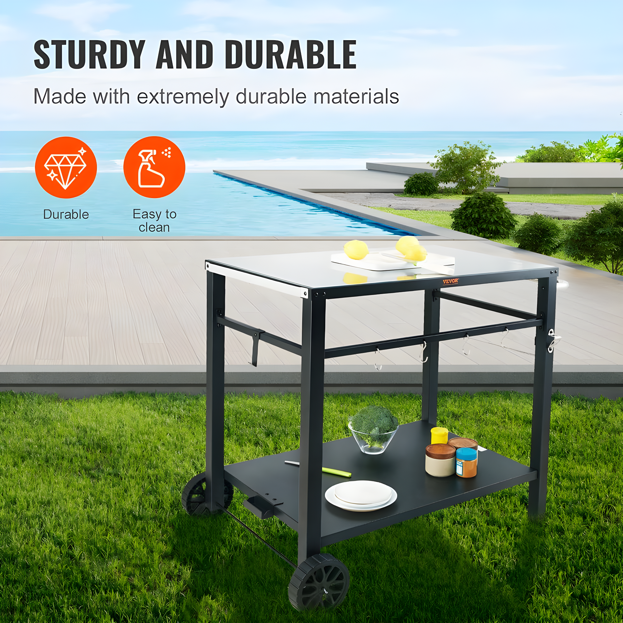 VEVOR Outdoor Grill Dining Cart with Double-Shelf, BBQ Movable Food Prep Table, Multifunctional Foldable Iron Table Top, Portable Modular Carts
