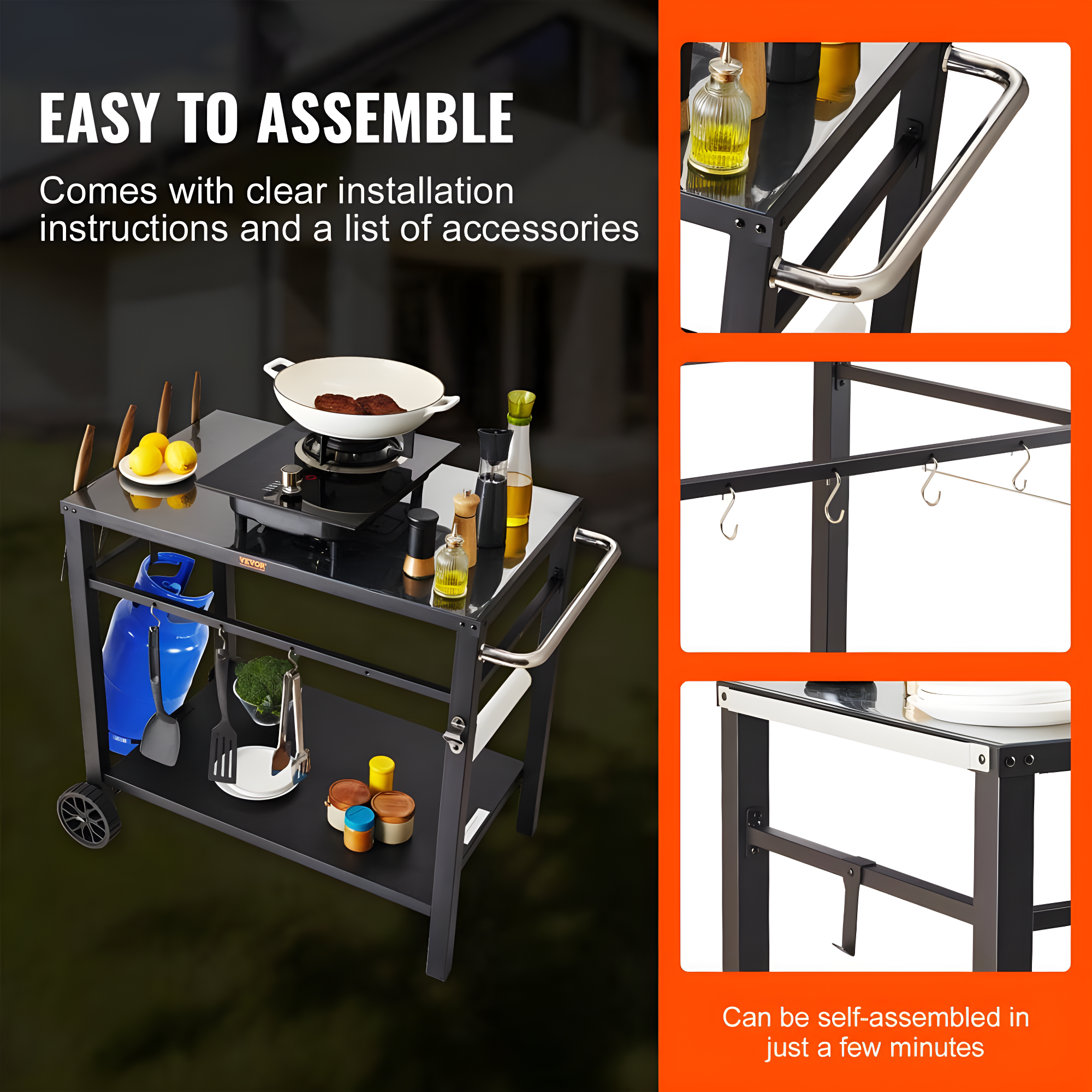 VEVOR Outdoor Grill Dining Cart with Double-Shelf, BBQ Movable Food Prep Table, Multifunctional Foldable Iron Table Top, Portable Modular Carts