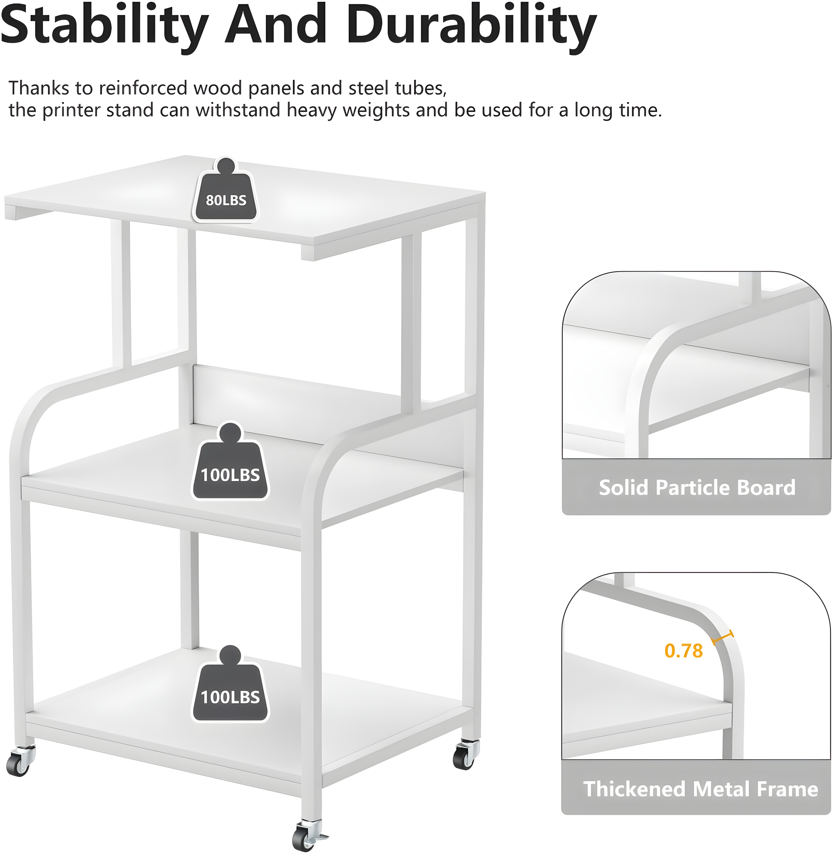 EasyCom Printer Stand- Large 3 Tier Printer Table with Wheels- Industrial Printer Storage Cart- Rolling Printer Cart with Storage Shelf for Printer Scanner Fax Home Office Use- White