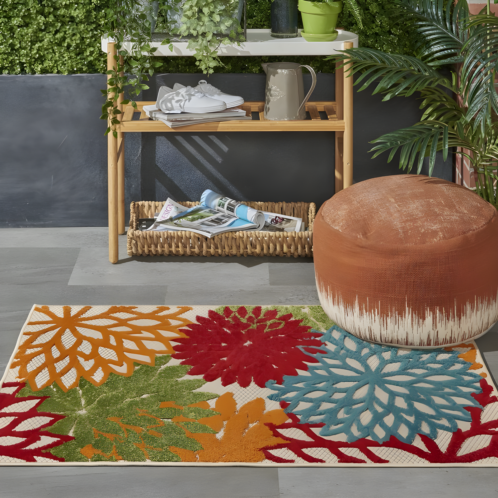 Nourison Aloha Floral Bloom Flatweave High-Low Indoor Outdoor Area Rug Green 2'8" x 4'